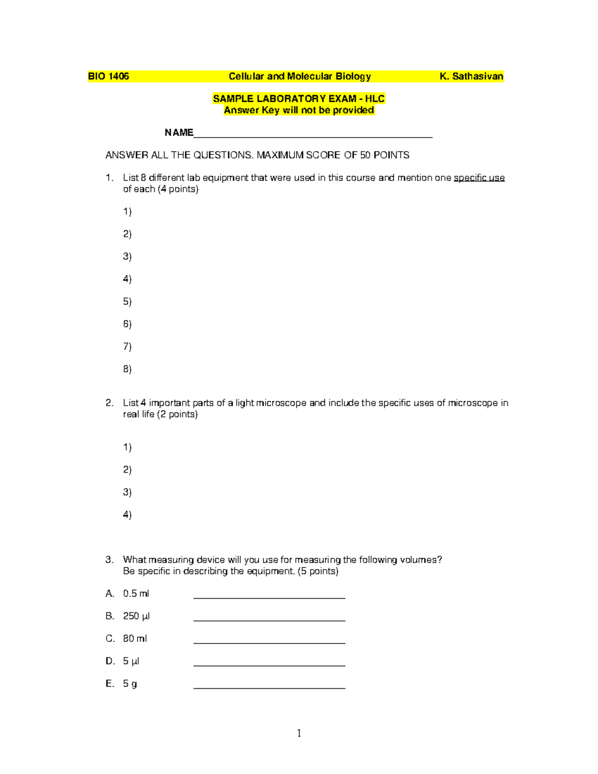BIO1406Sample Lab ExamHLC (16) BIO 1406 Cellular and Molecular