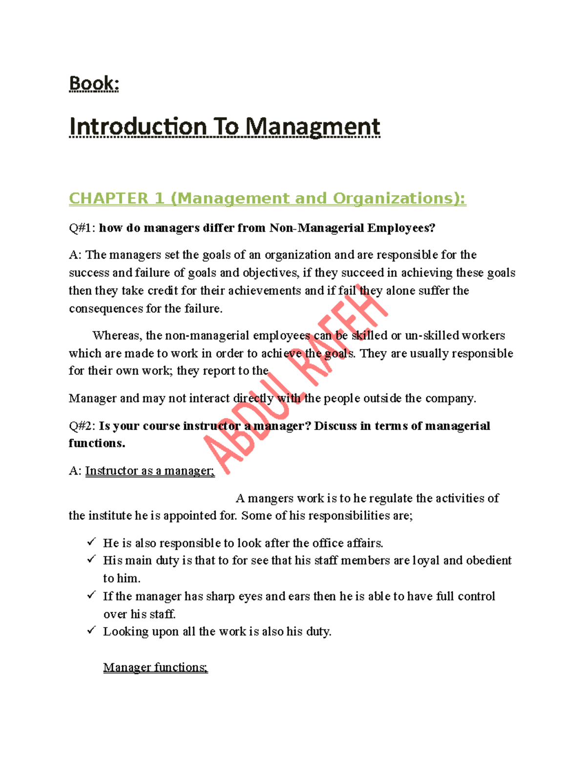 INTRODUCTION TO MANAGEMENT BOOK Exercise Solutions - Book: Introduction ...