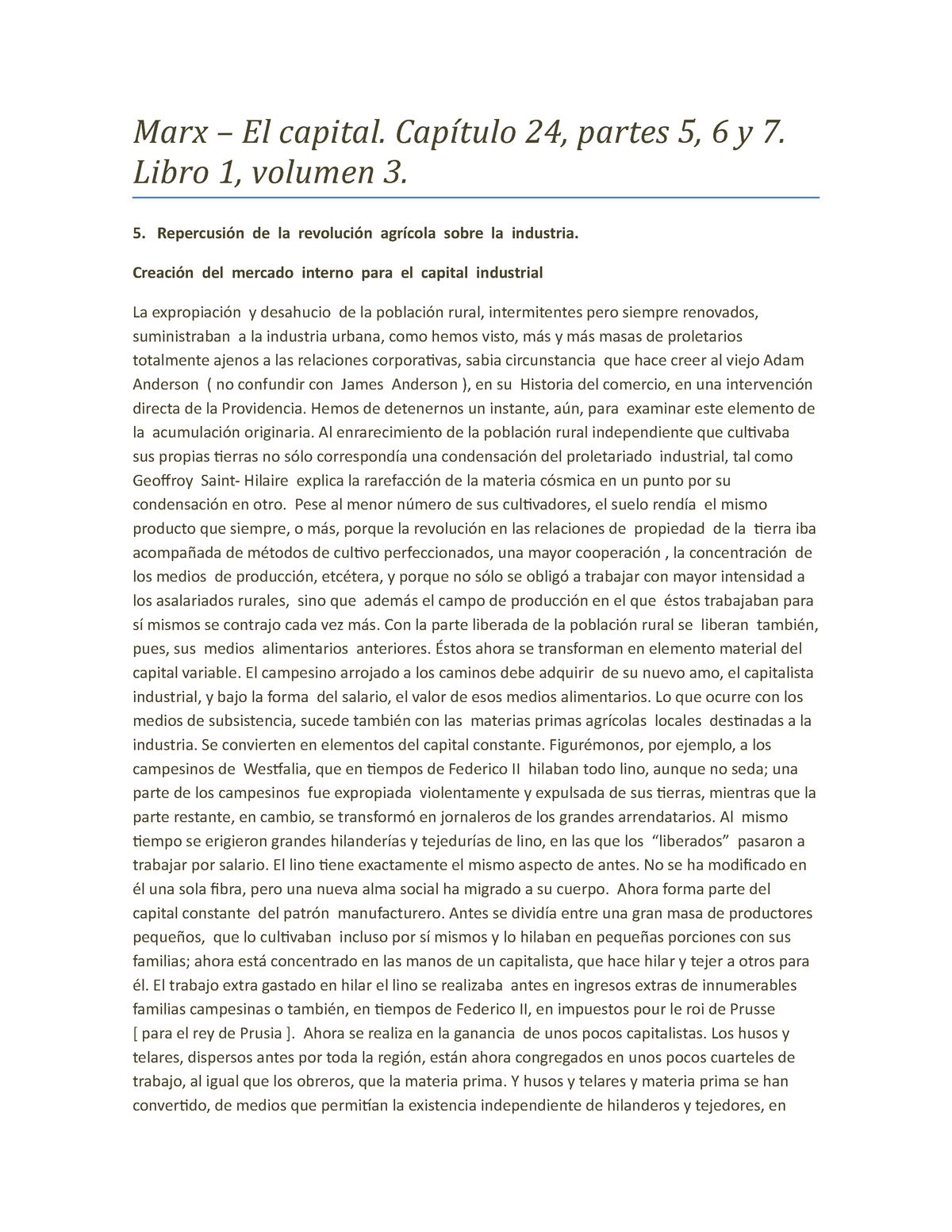 Marx - El Capital Capitulo 5, 6 Y 7 Libro 1, Volumen 3. - Marx – El ...