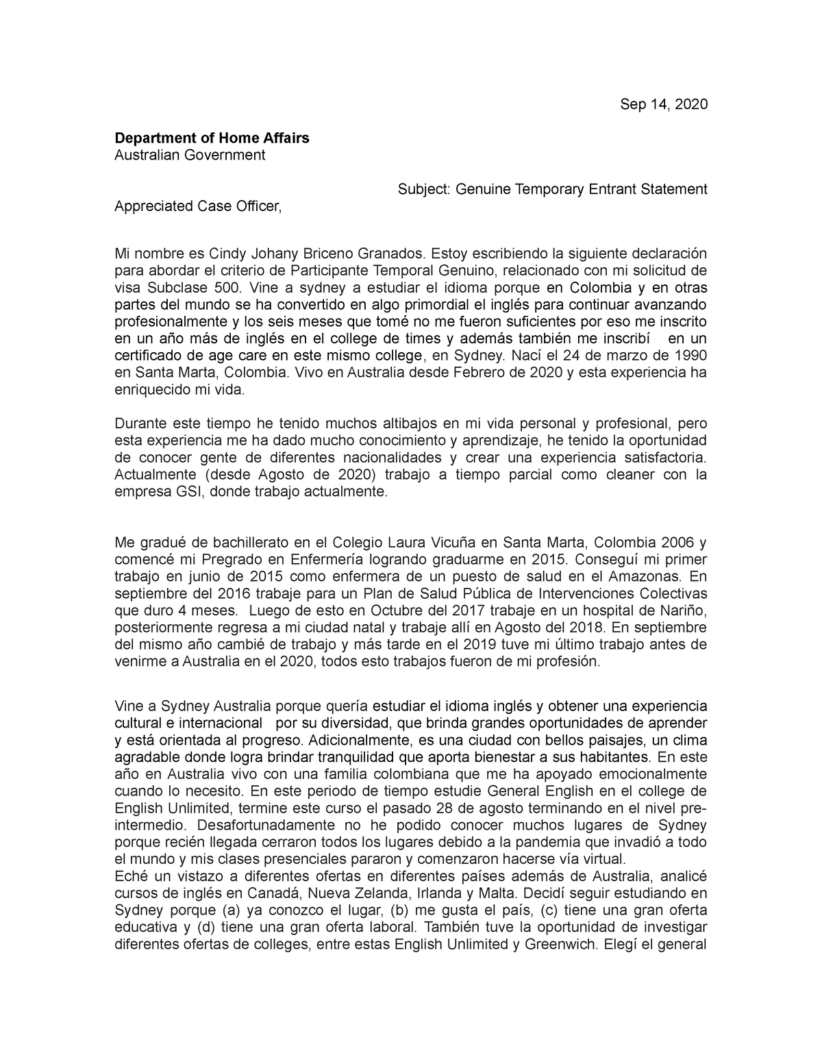 Carta de intencion - Crta de intención para venir a Australia - Sep 14,  2020 Department of Home - Studocu