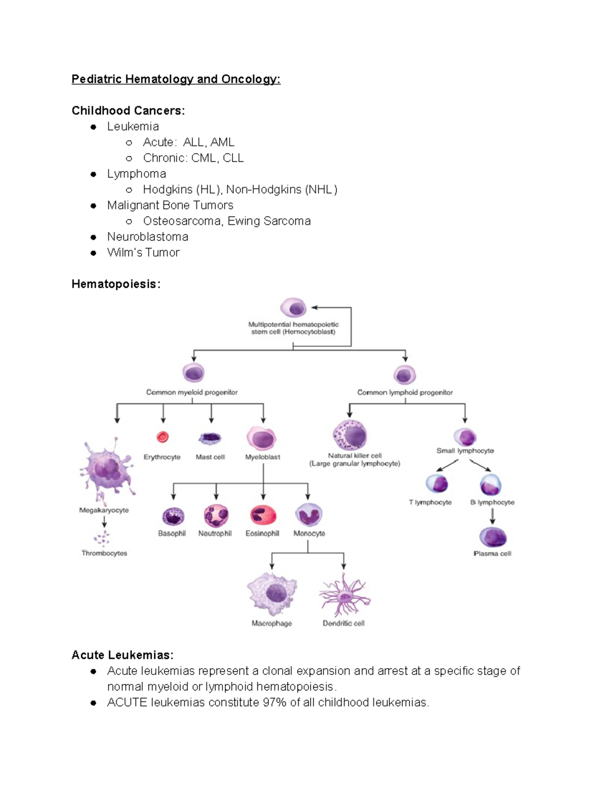 Heme Onc - Lecture notes on Hematology and oncology - Pediatric