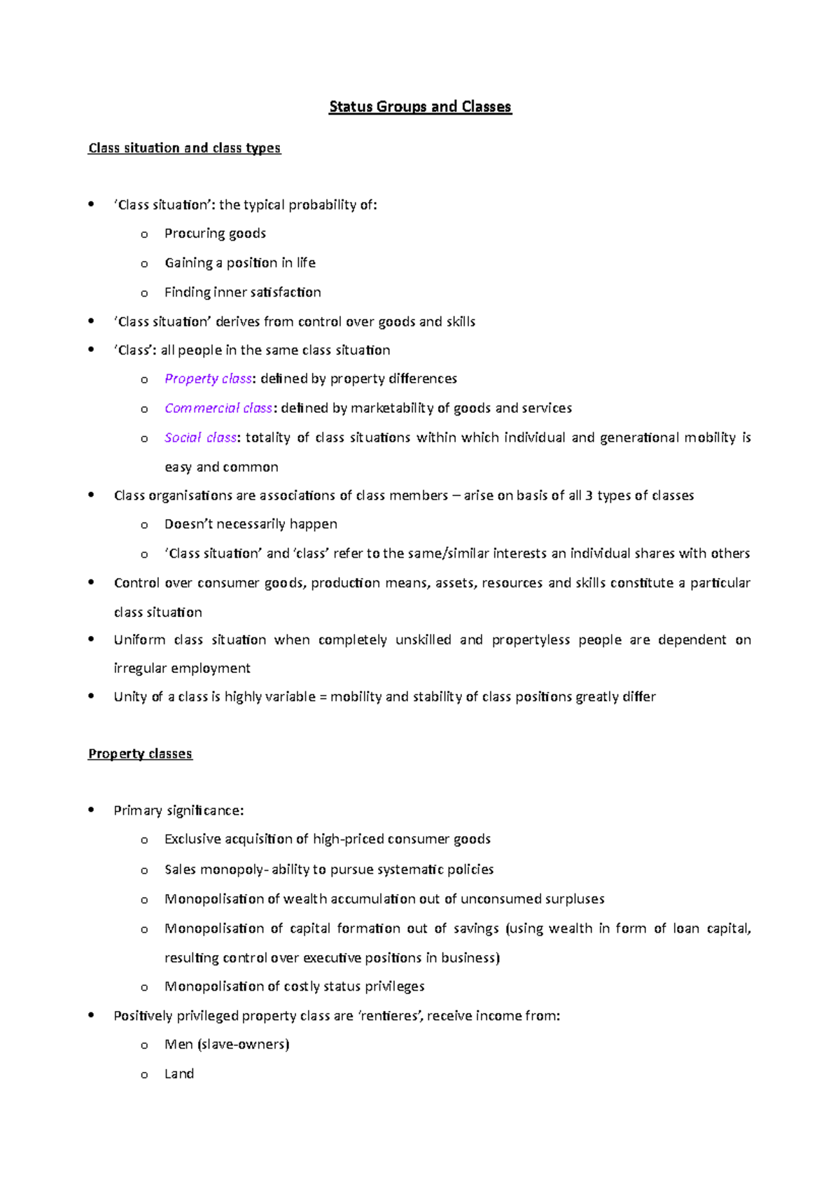 Status Groups and Classes Status Groups and Classes Class situation