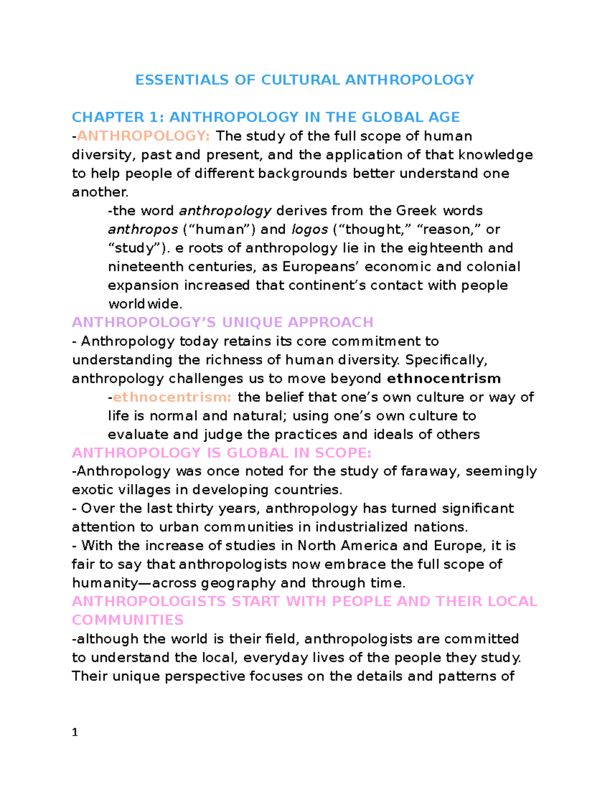 Anth Ch 1 - Summary Essentials Of Cultural Anthropology - ESSENTIALS OF ...