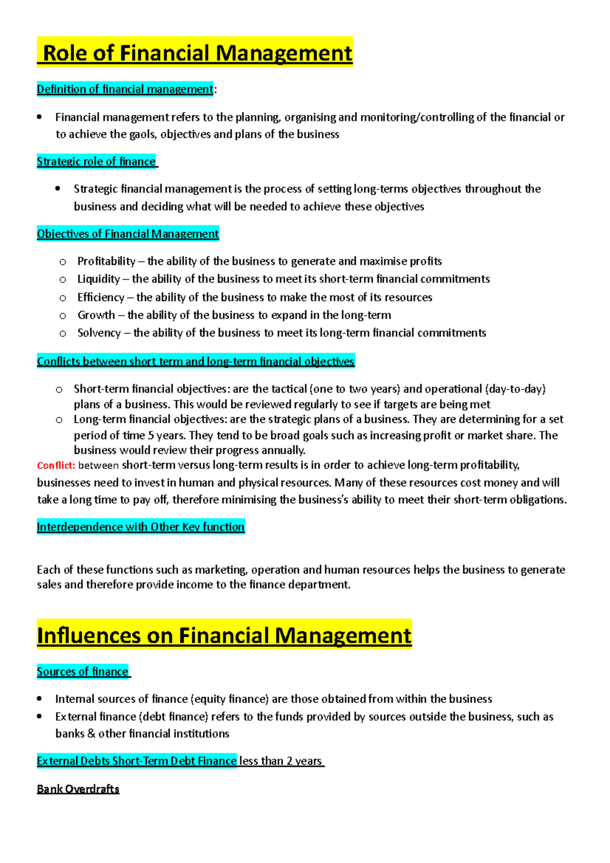 Finance Note - good note - Role of Financial Management Definition of ...