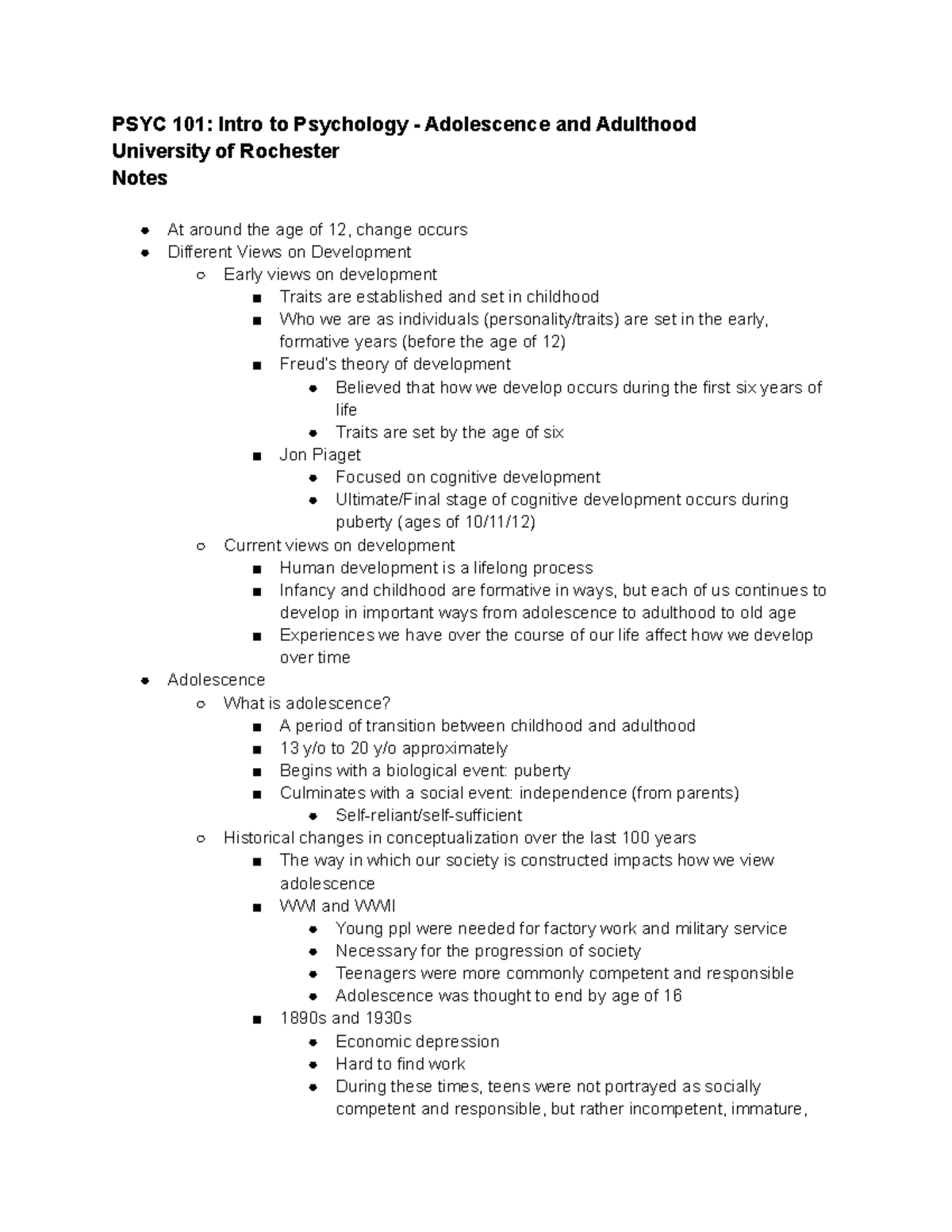 PSY 101 - Development Adolescense and Adulthood - PSYC 101: Intro to ...