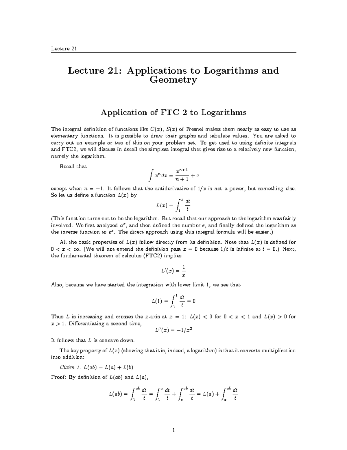 Lecture 21: Applications to Logarithms and Geometry - It is possible to ...