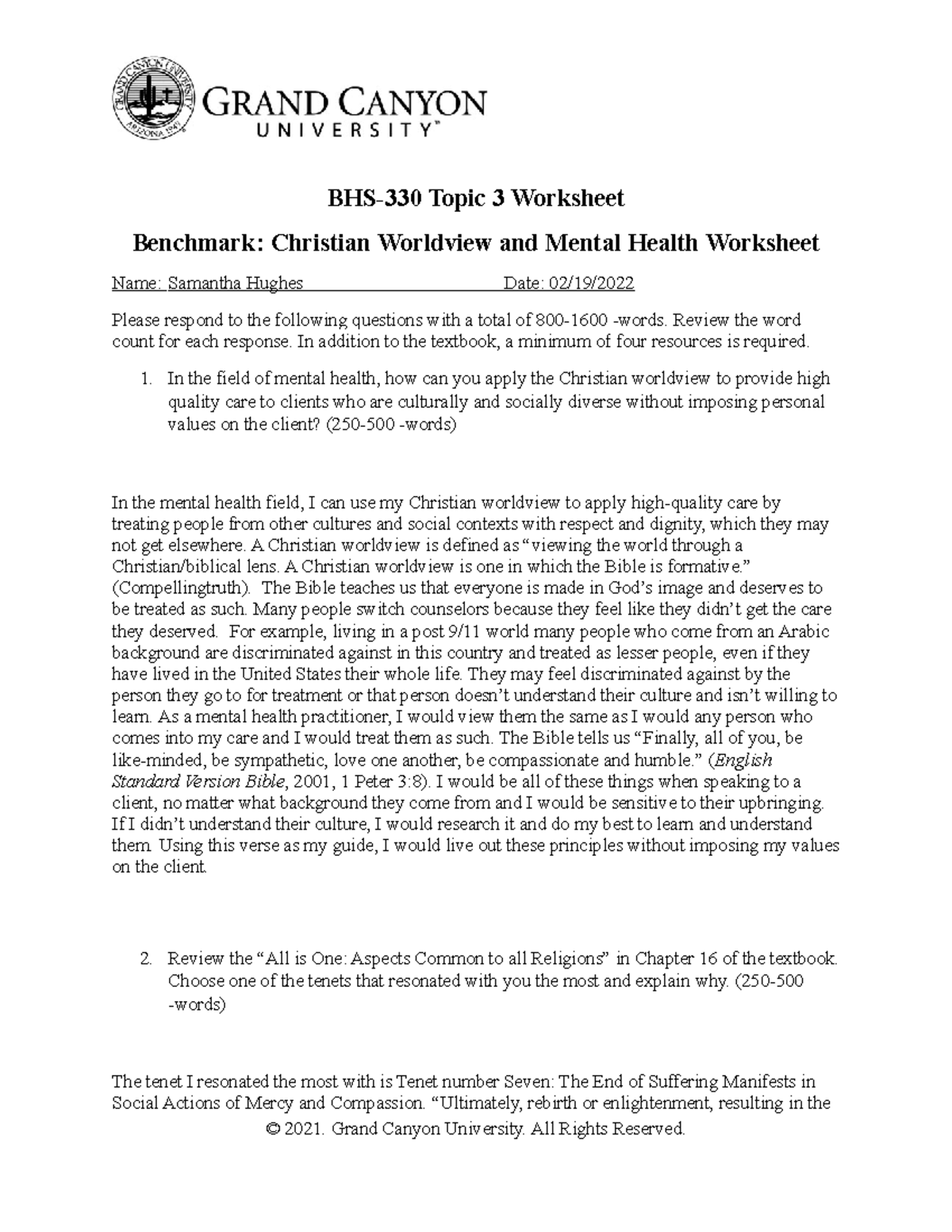 BHS330 Christian Worldview and Mental Health BHS330 Topic 3