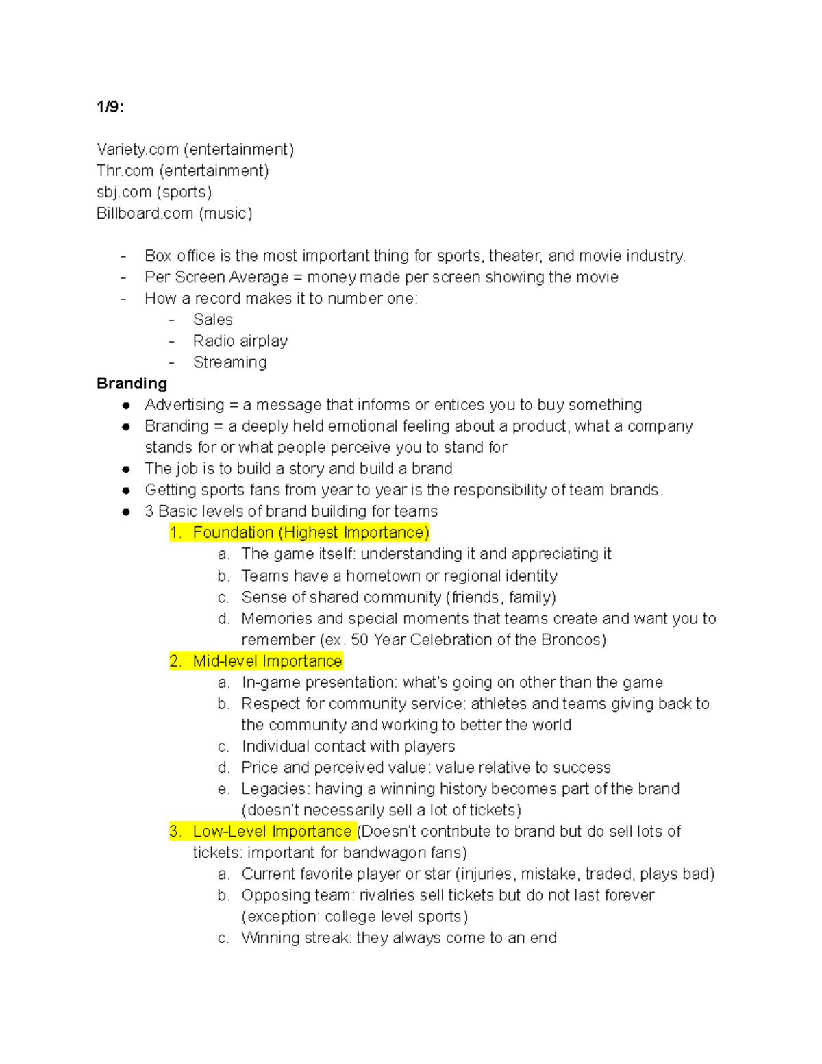 Sports and Entertainment Marketing Notes 1/9 Variety (entertainment