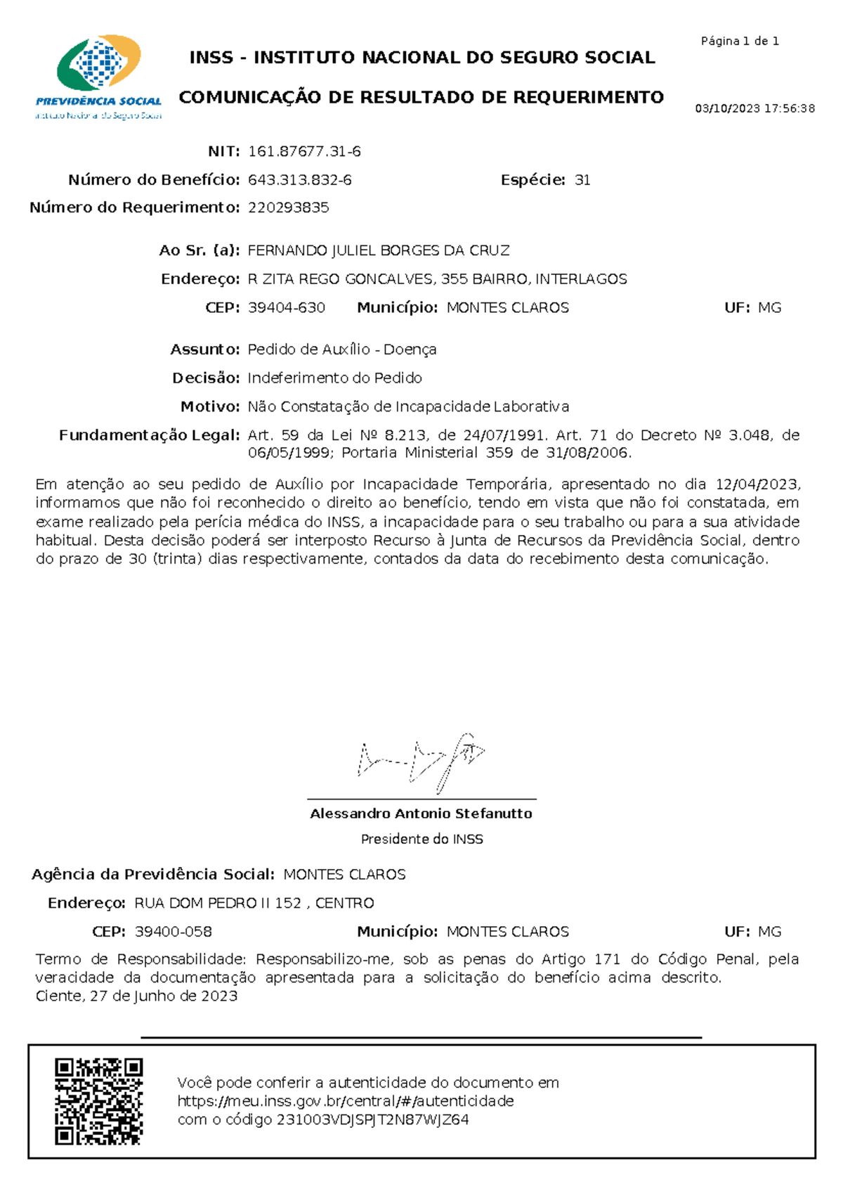 Resultado-de-pericia - INSS - INSTITUTO NACIONAL DO SEGURO SOCIAL ...