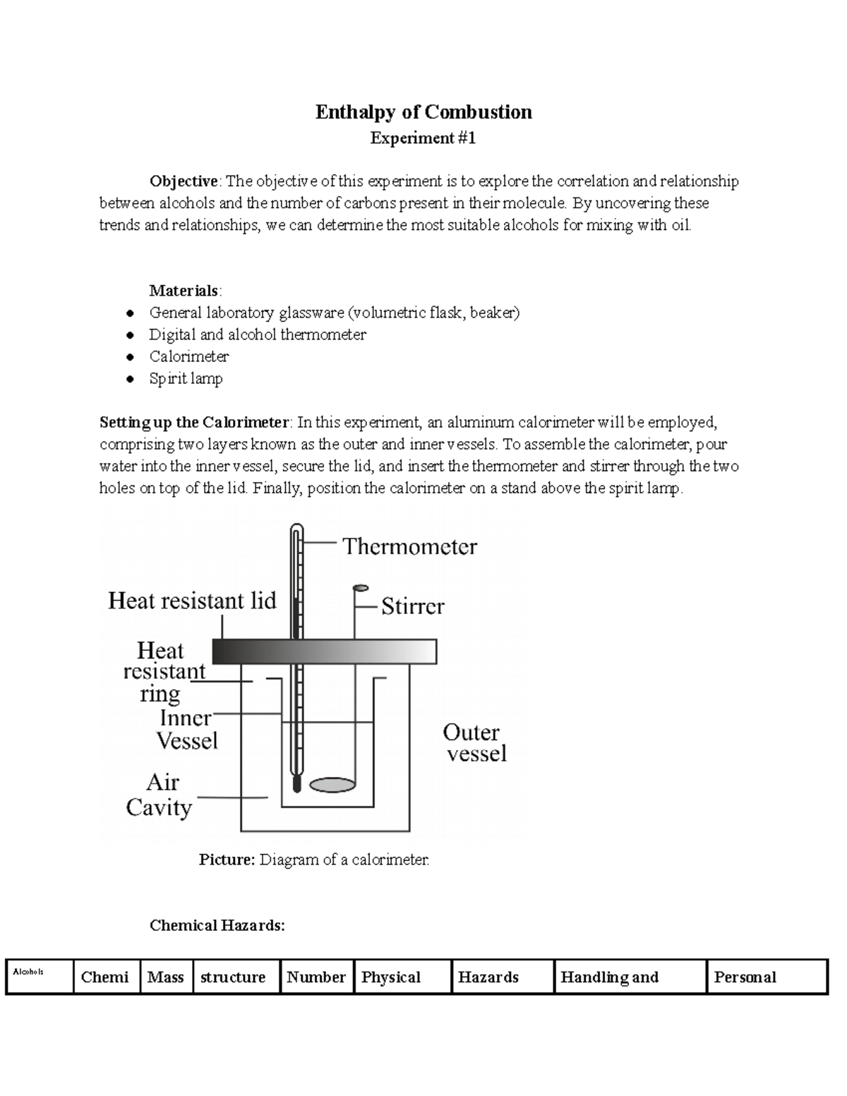 Enthalpy of Combustion - Enthalpy of Combustion Experiment Objective ...