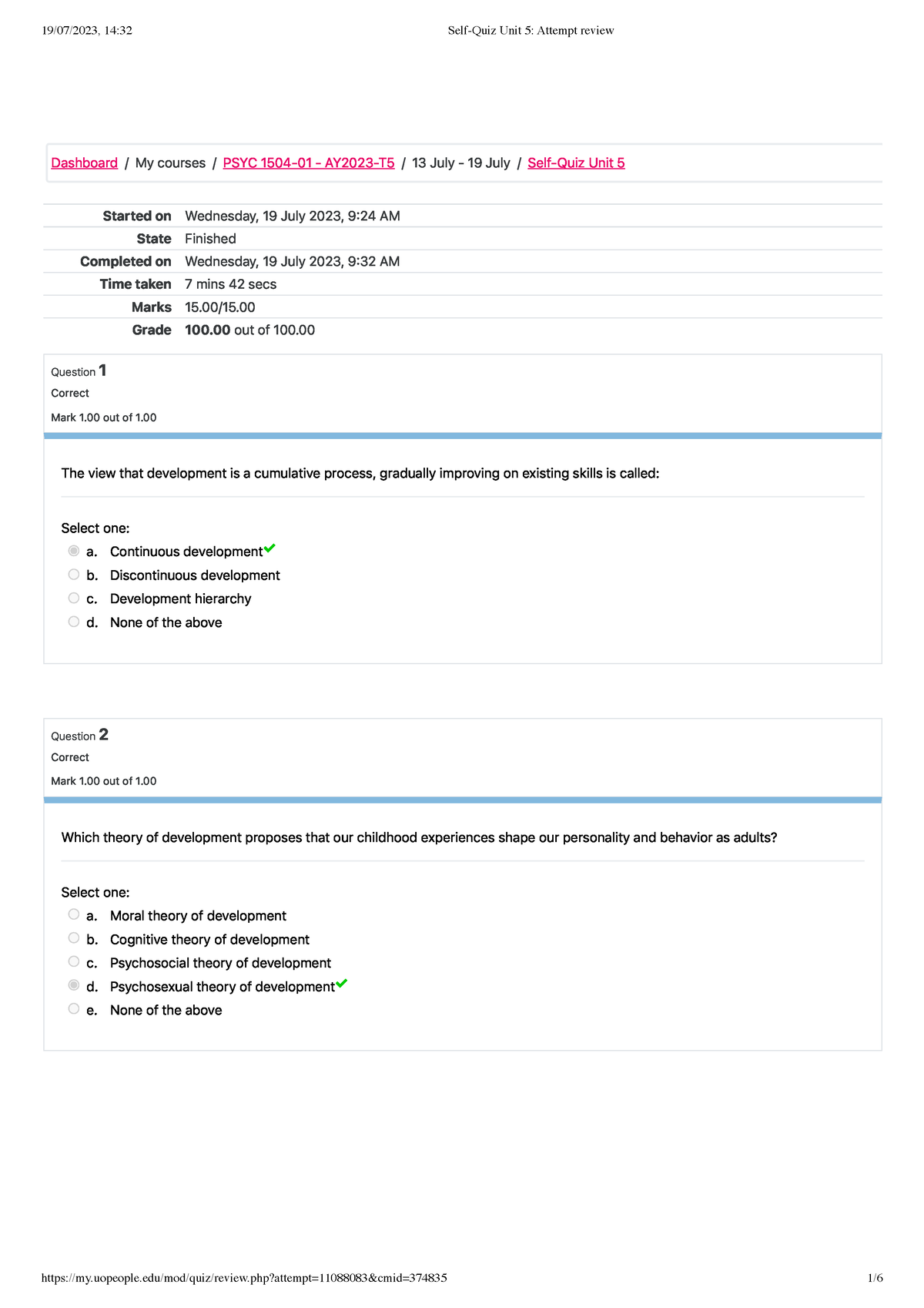 Self-Quiz Unit 5 Attempt Review-PSY - PSYC 1504 - UoPeople - Studocu