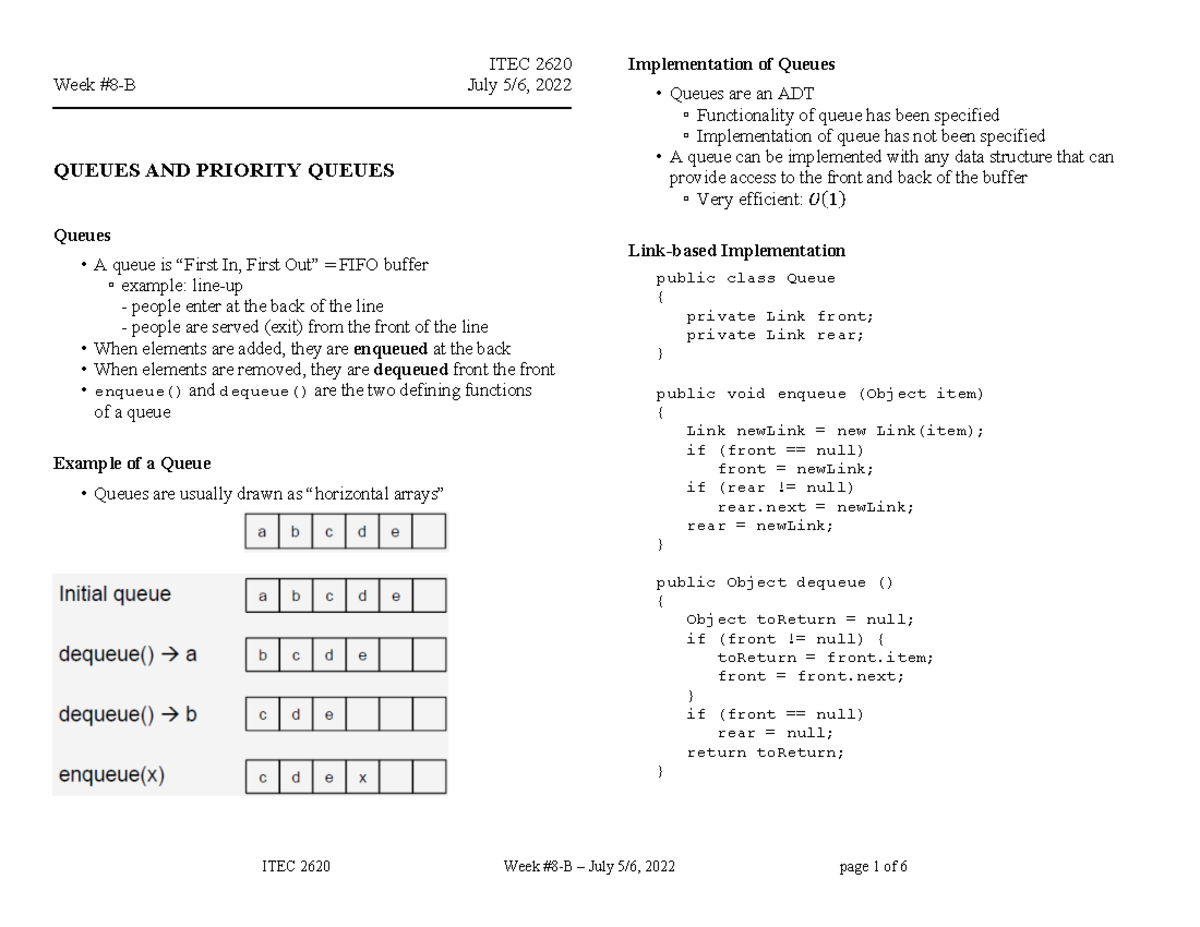 Queues - Teacher's notes - ITEC 2620 Week #8-B July 5/6, 2022 QUEUES ...
