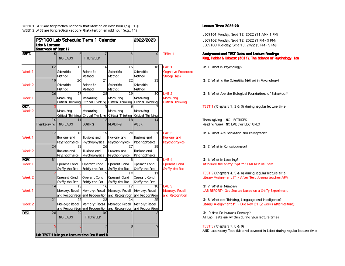 Lab Calendar 2022-23 - lab schedule - PSY100Y5 - U of T - Studocu