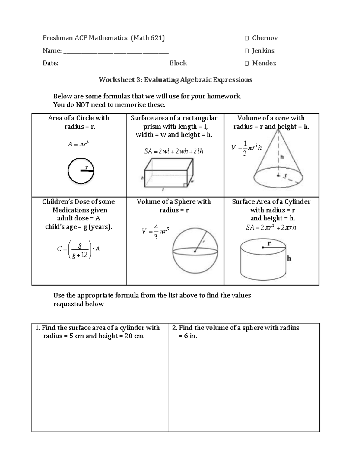 Worksheet 3 Evaluating Expressions - Freshman ACP Mathematics (Math 621 ...