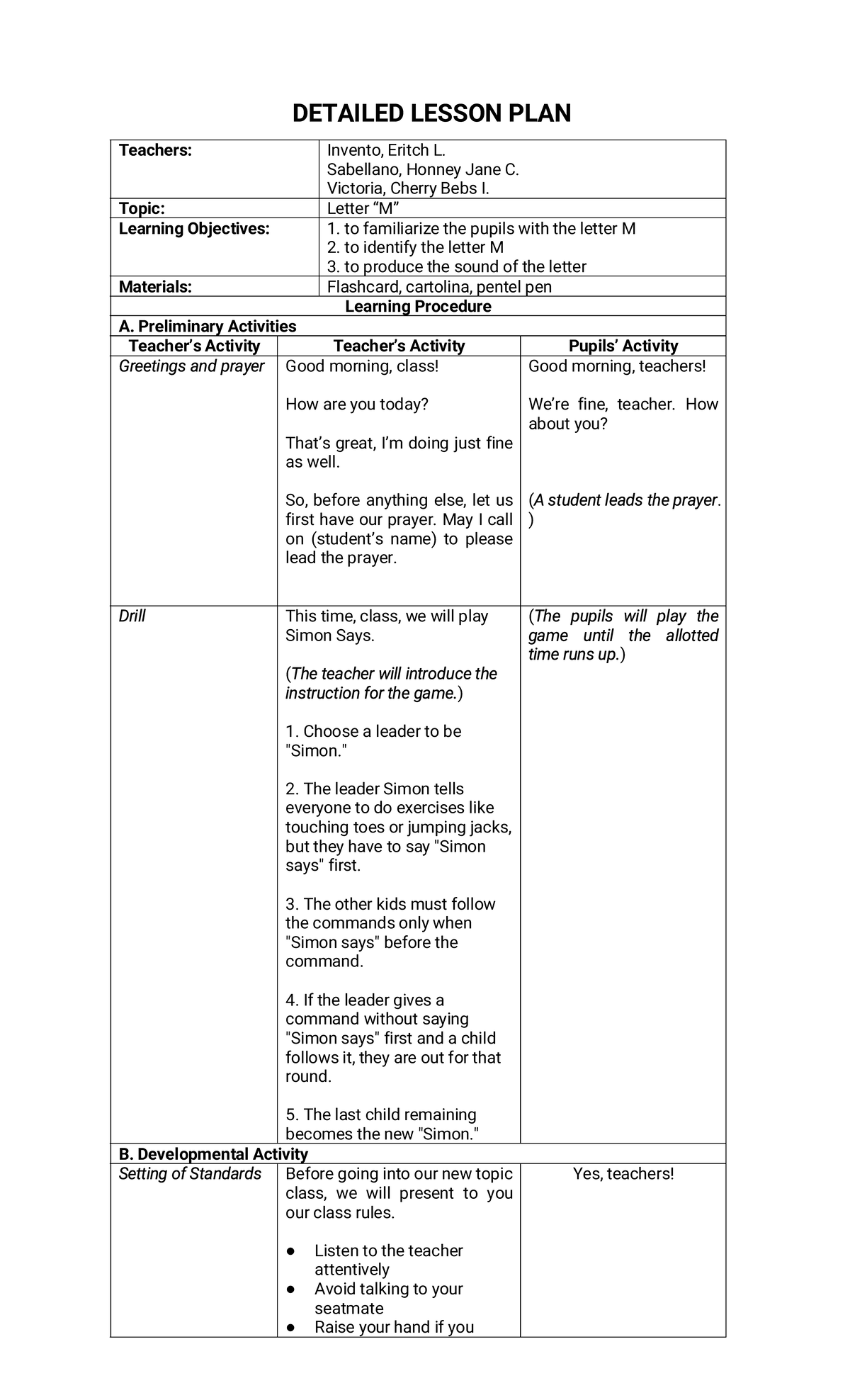Lesson PLAN Sabellano Invento Victoria 1 - Teachers: Invento, Eritch L ...
