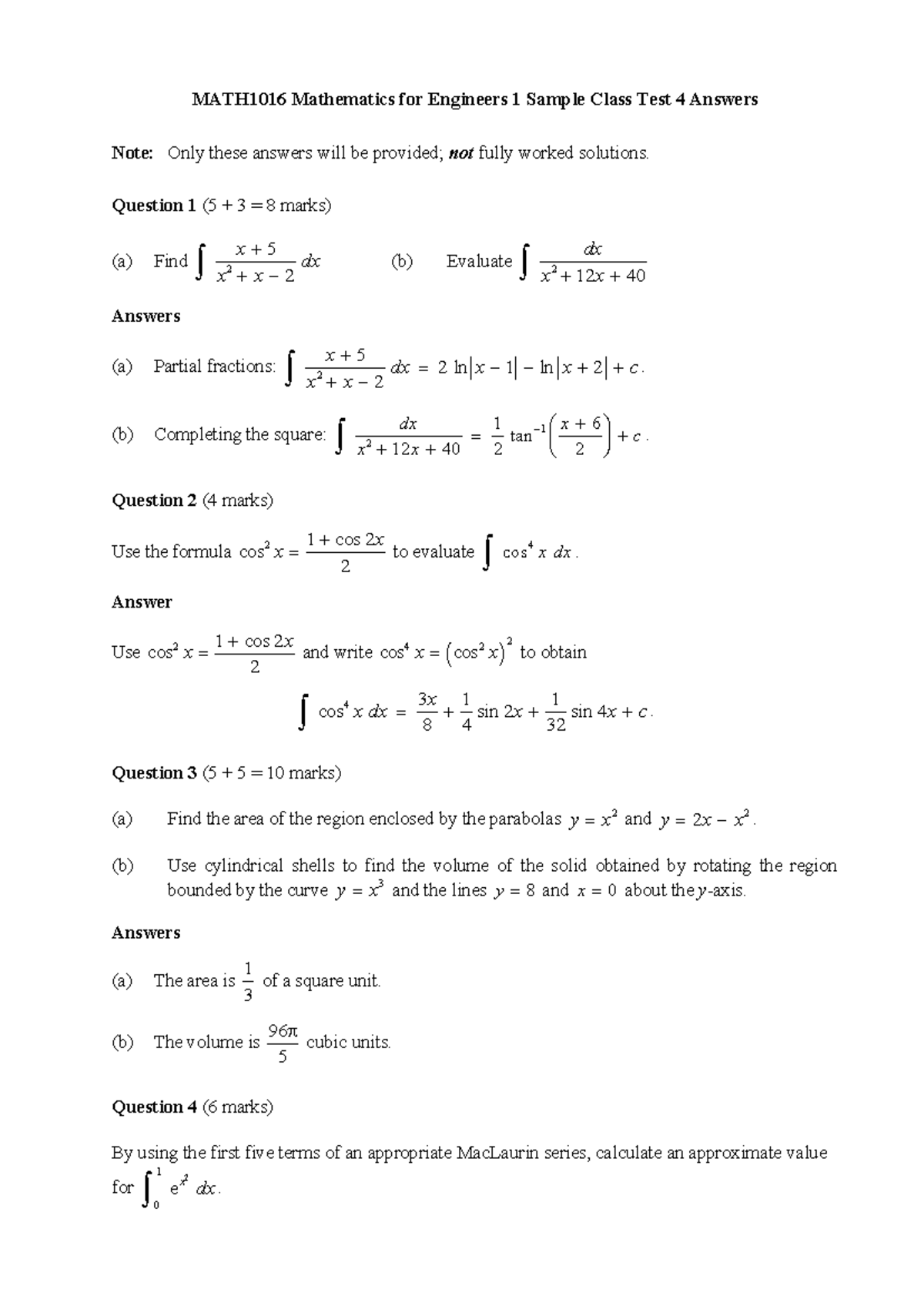 MATH1016 Sample Class Test 4 - MATH1016 Mathematics for Engineers 1 ...