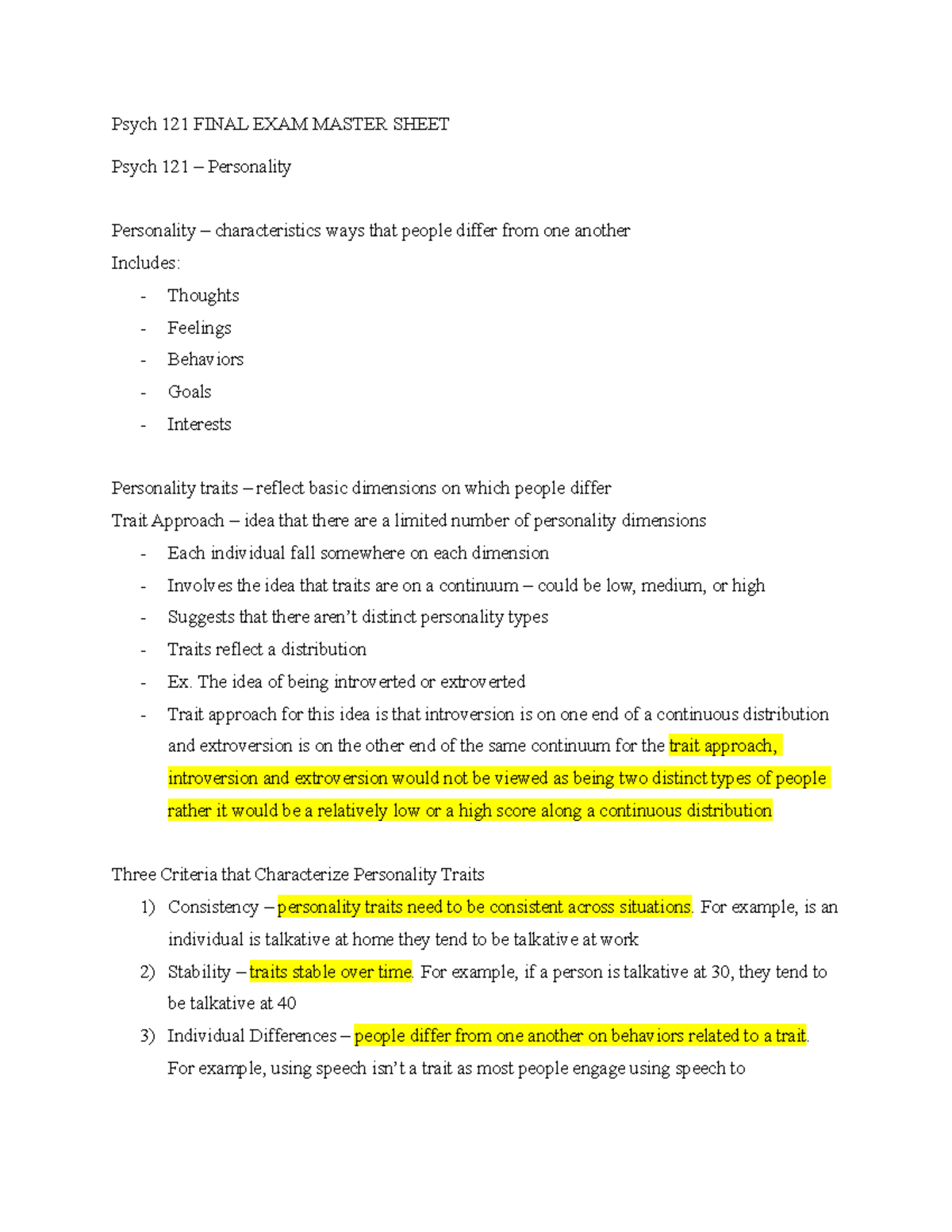 Psych 121 Final EXAM Notes - Psych 121 FINAL EXAM MASTER SHEET Psych ...