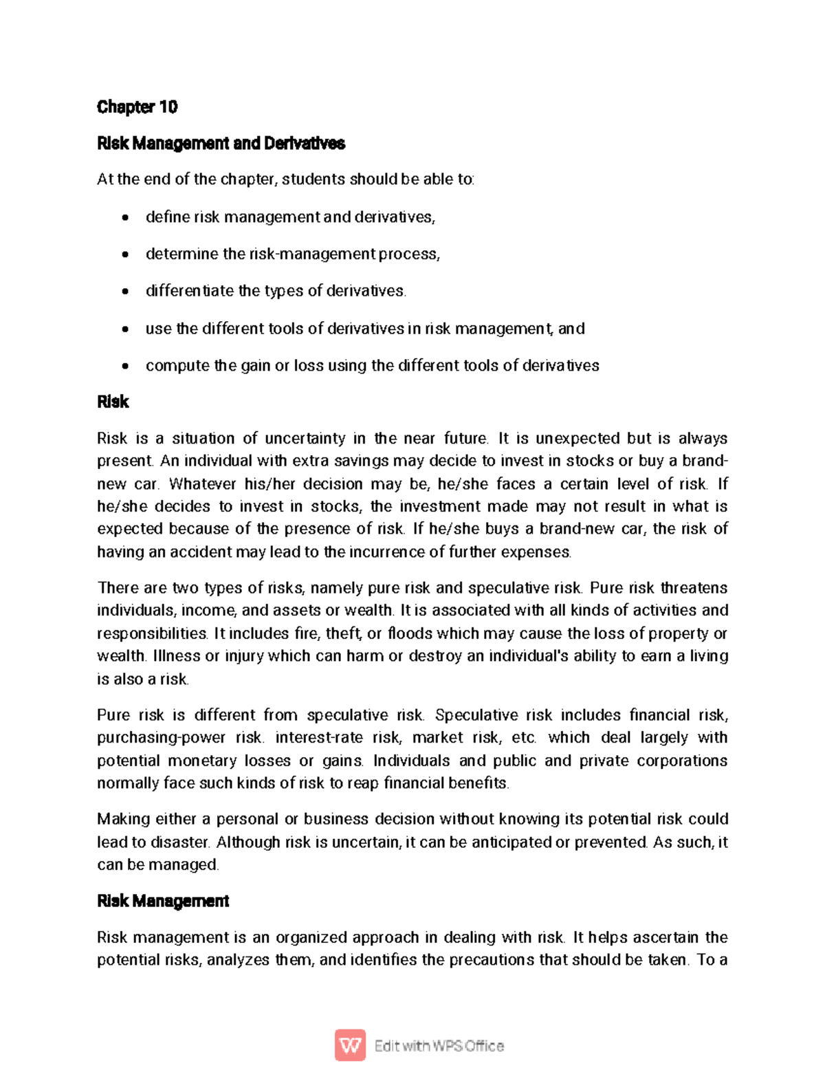 Chapter 10 - Financial Management Part II - Chapter 10 Risk Management ...