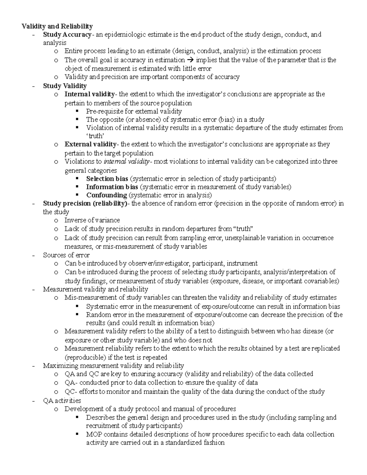 Final Exam Outline - Validity and Reliability - Study Accuracy- an ...