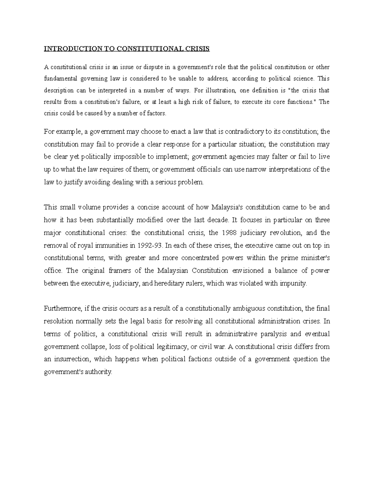 Introduction TO Constitutional Crisis INTRODUCTION TO CONSTITUTIONAL