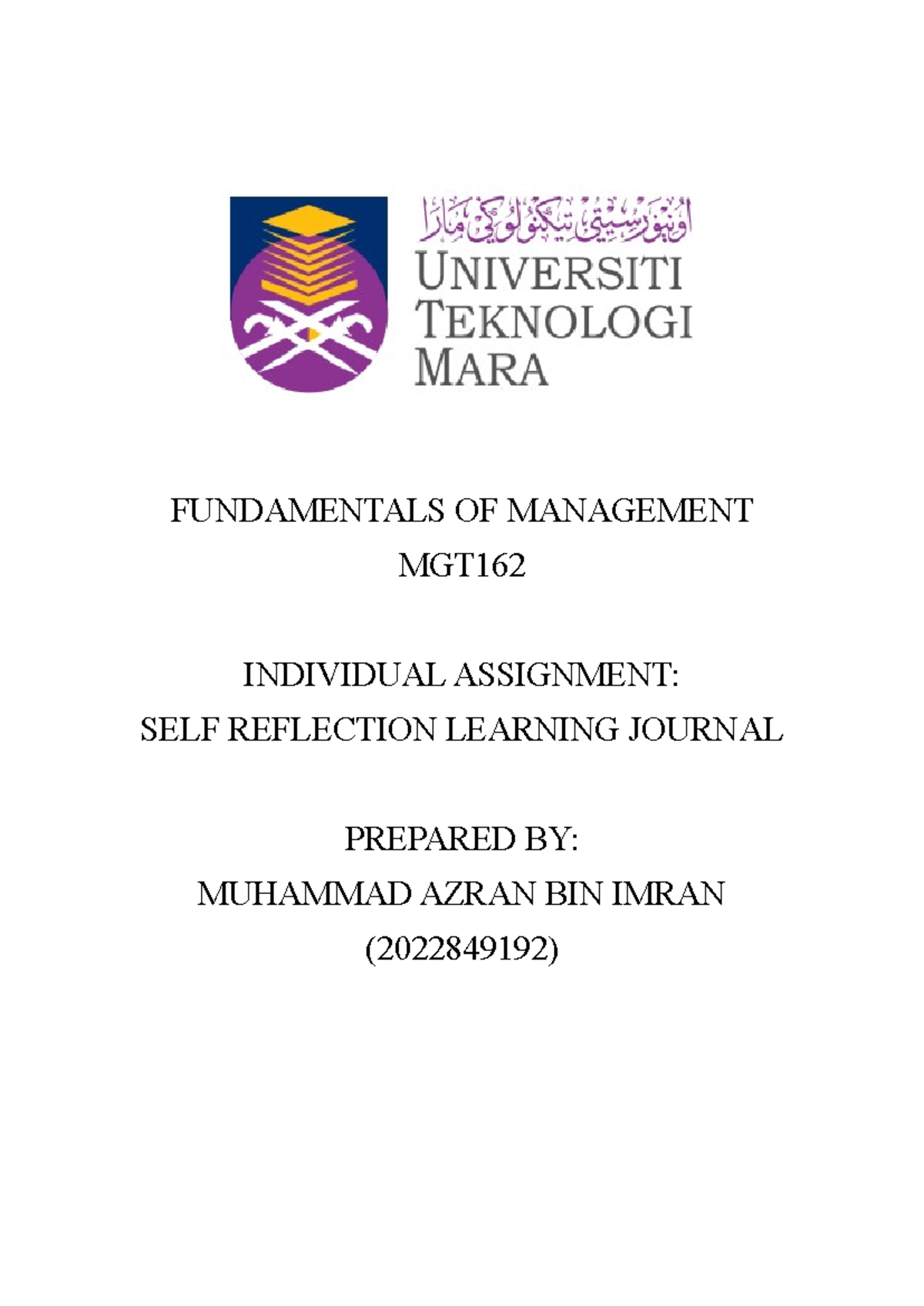 mgt162 individual assignment self reflection