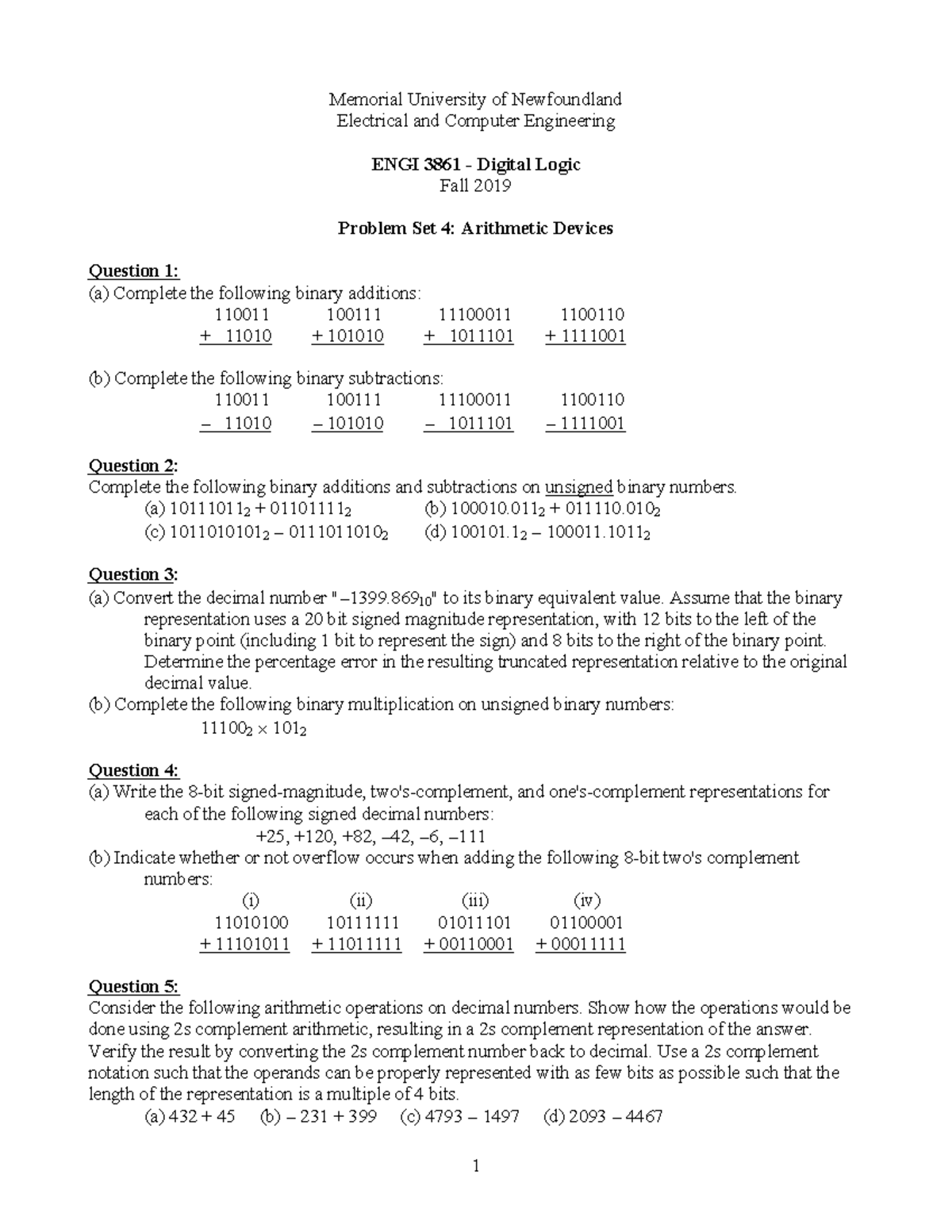 Problem Set 3 2019 - 1 Memorial University of Newfoundland Electrical ...