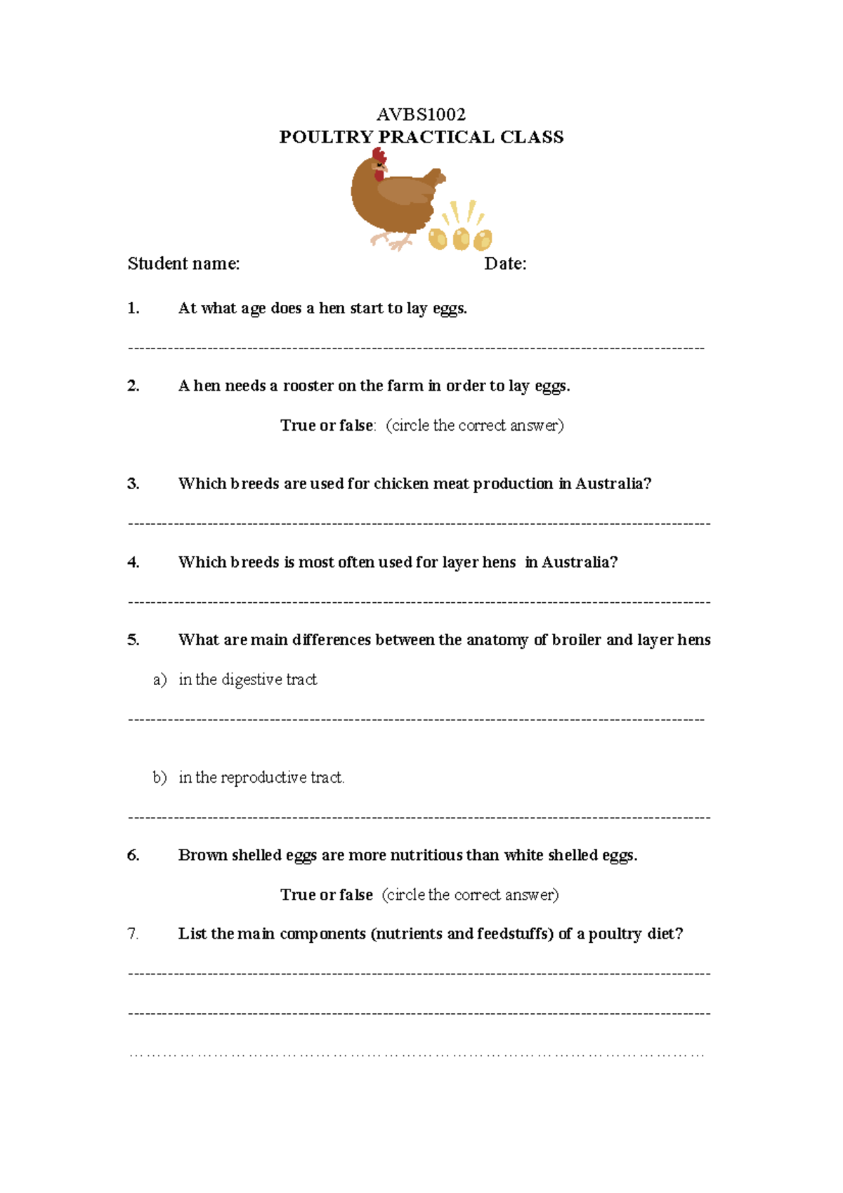 Poultry Prac Class Worksheet 2021 AVBS POULTRY PRACTICAL CLASS