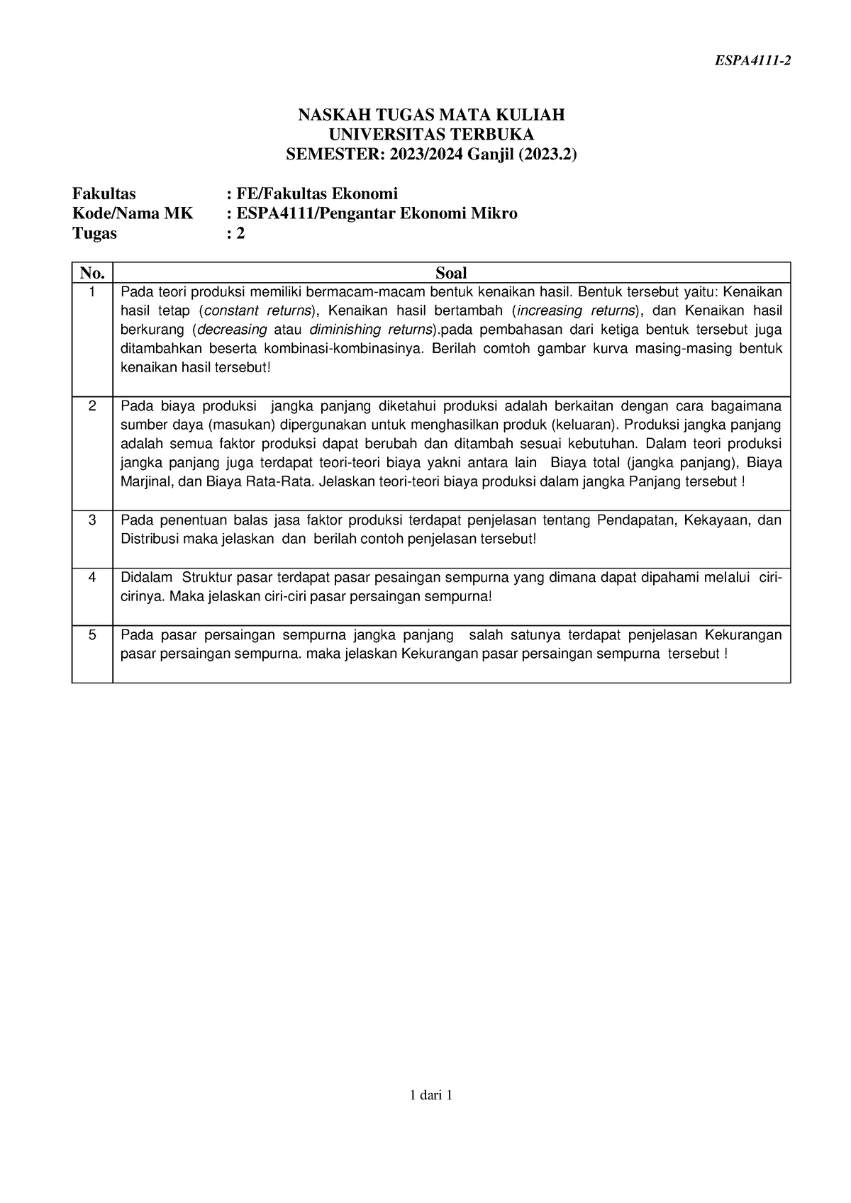 Soal Espa4111 Tmk2 2 - Soal - ESPA4111- 2 1 Dari 1 NASKAH TUGAS MATA ...