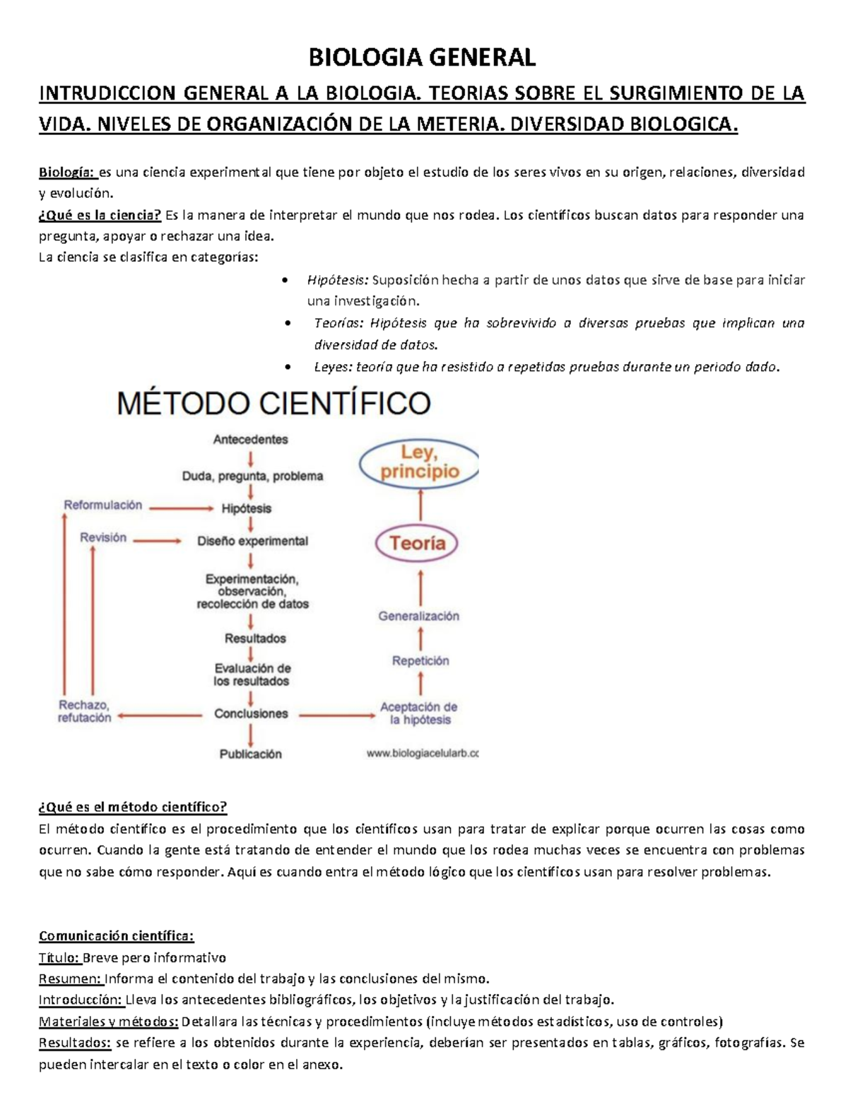 Resumen Biologia General - BIOLOGIA GENERAL INTRUDICCION GENERAL A LA ...