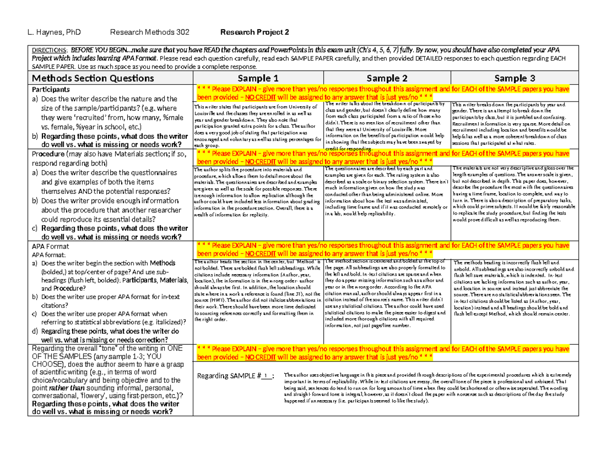PSYC 302 RP2 3-sample response - L. Haynes, PhD Research Methods 302 ...