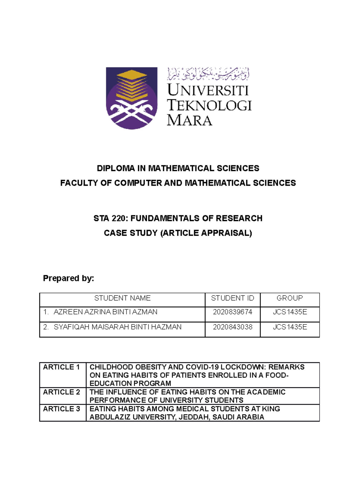 Case study sta - THIS IS AN ASSIGNMENT FOR STA220. NEED TO DO THE ...