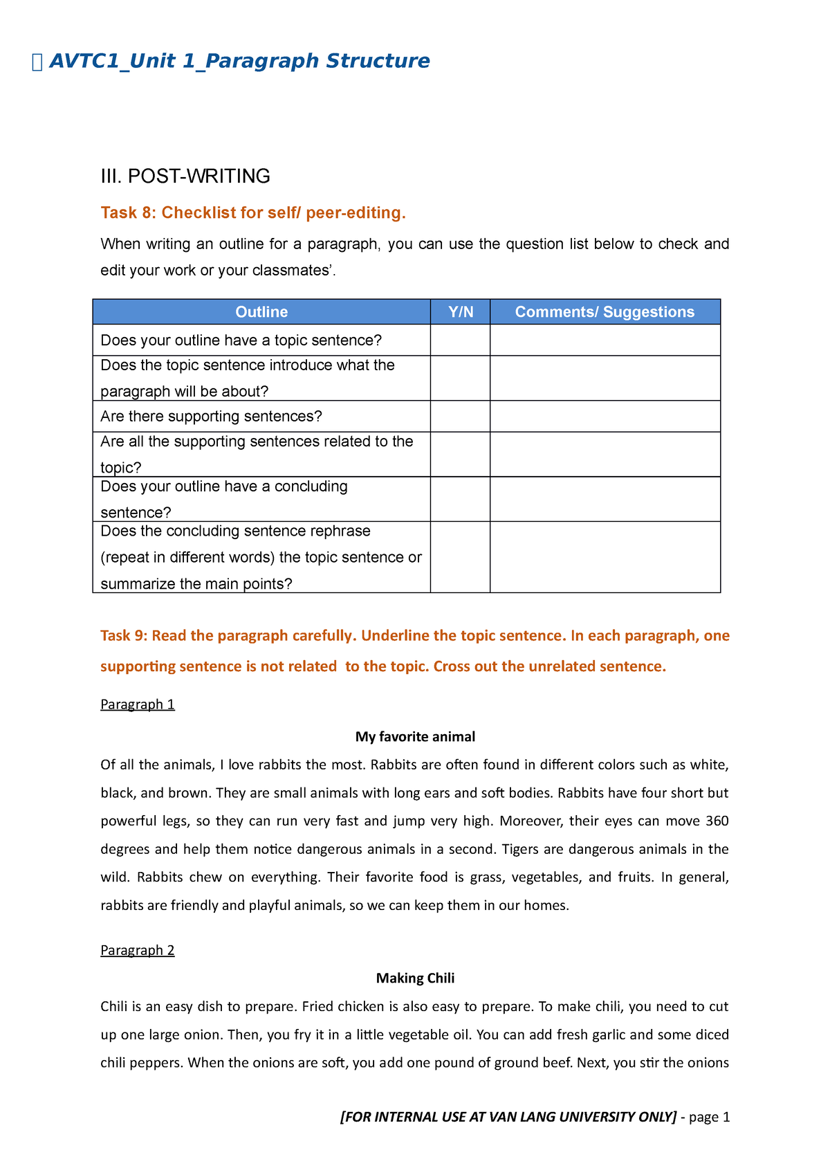 Official AVTC1 Unit 1 Paragraph Structure After class