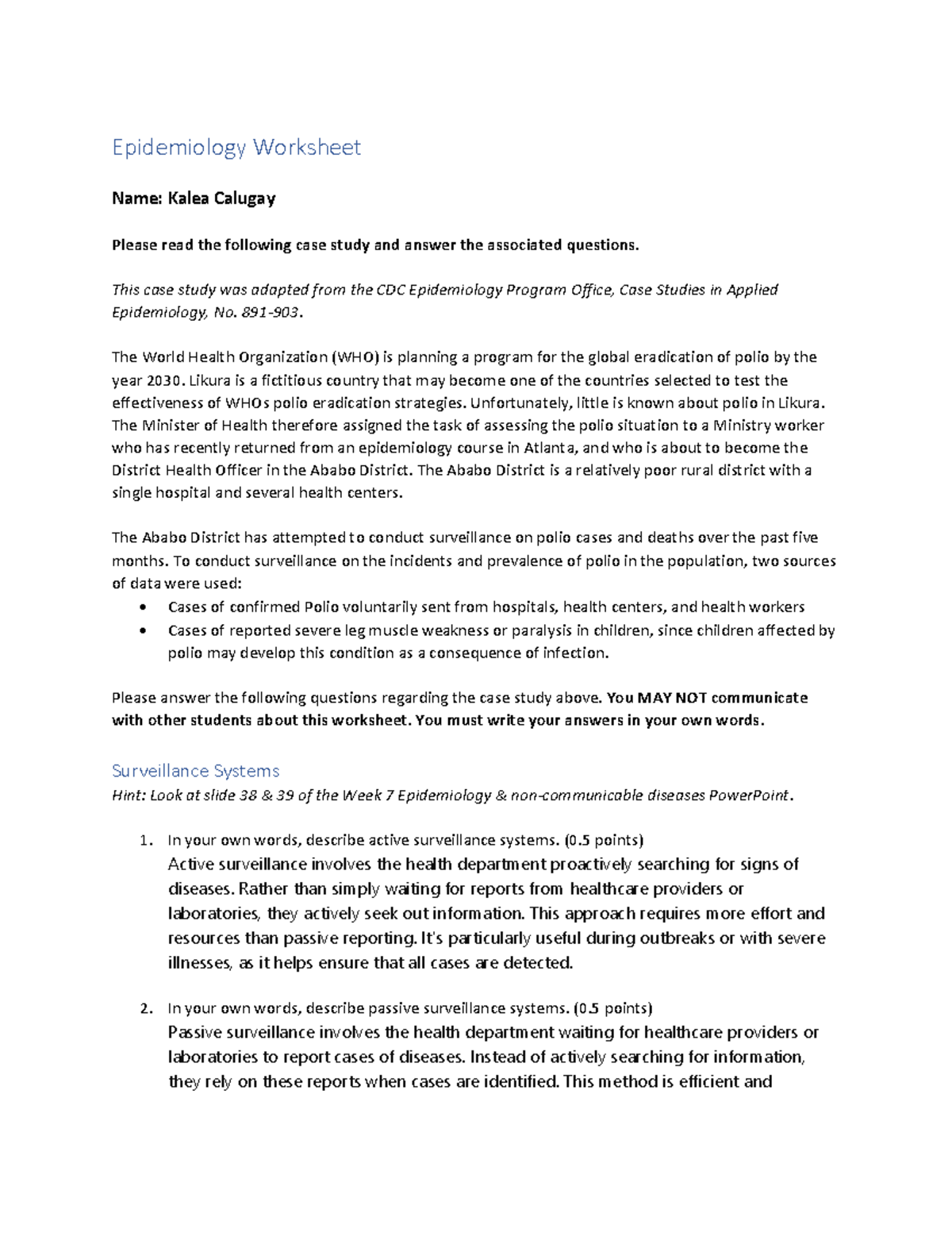 Epidemiology Worksheet(5) - Epidemiology Worksheet Name: Kalea Calugay ...