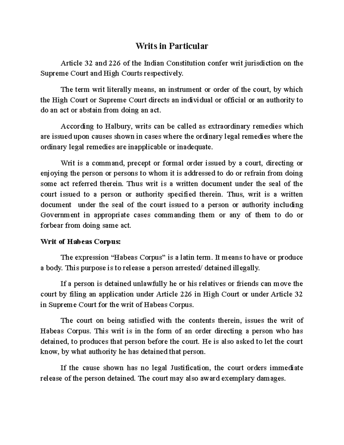 Writs in Particular Article 32 - The term writ literally means, an ...