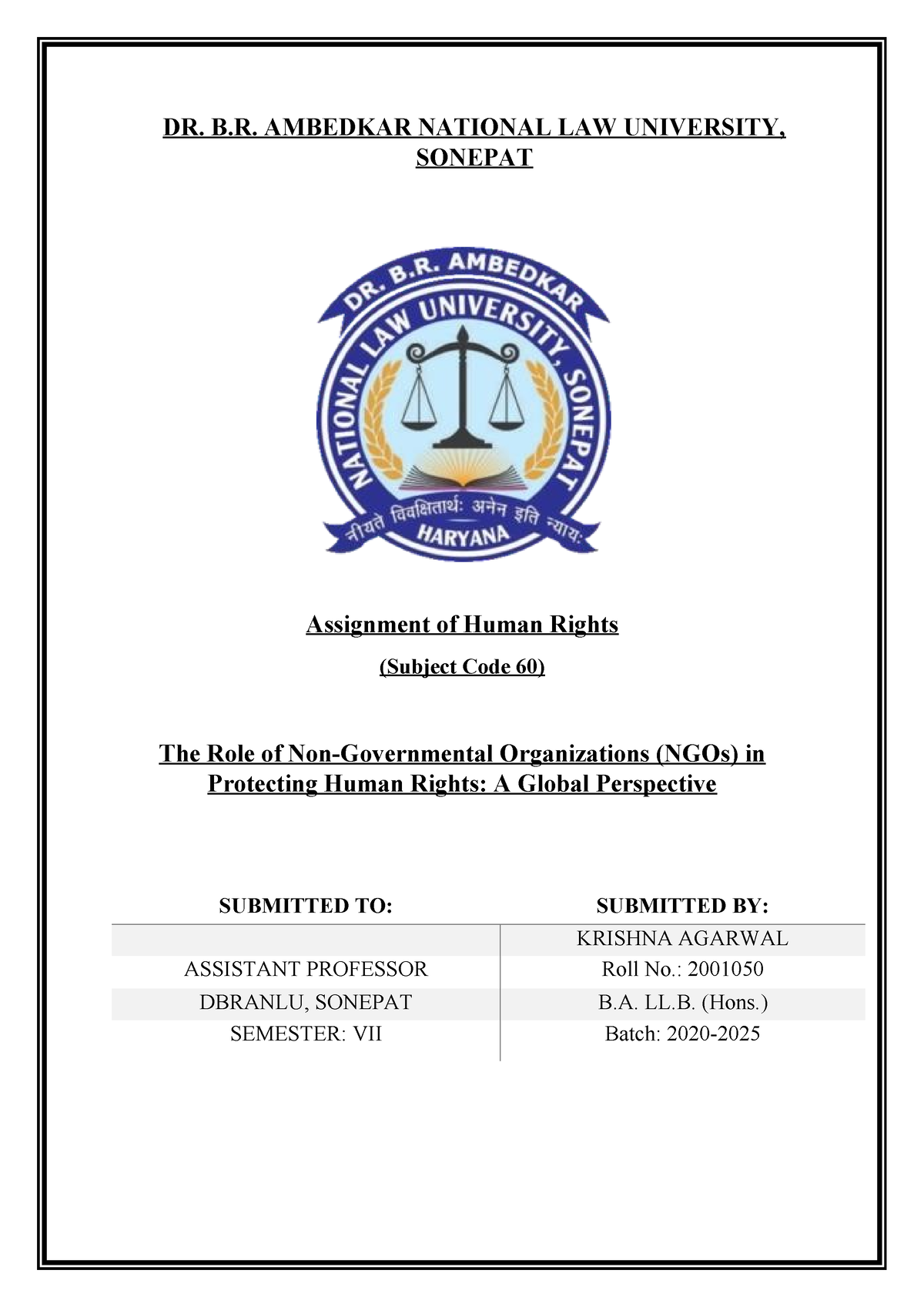 Human Rights Assignment - DR. B. AMBEDKAR NATIONAL LAW UNIVERSITY ...