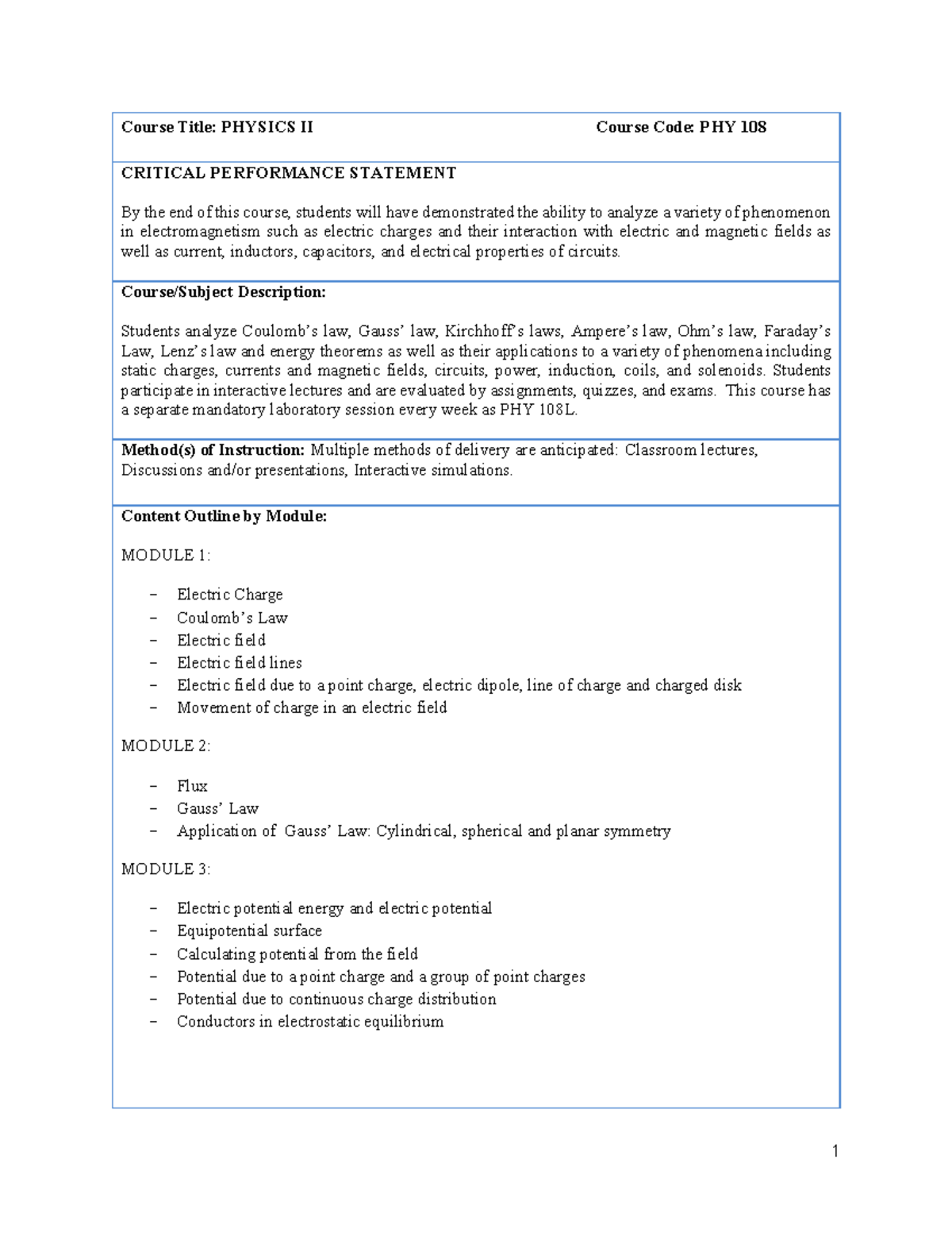 PHY 108 - Physic II - Course Title: PHYSICS II Course Code: PHY 108 ...