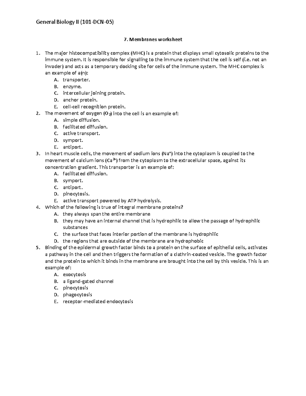 Membrane worksheet - General Biology II (101-DCN-05) Membranes