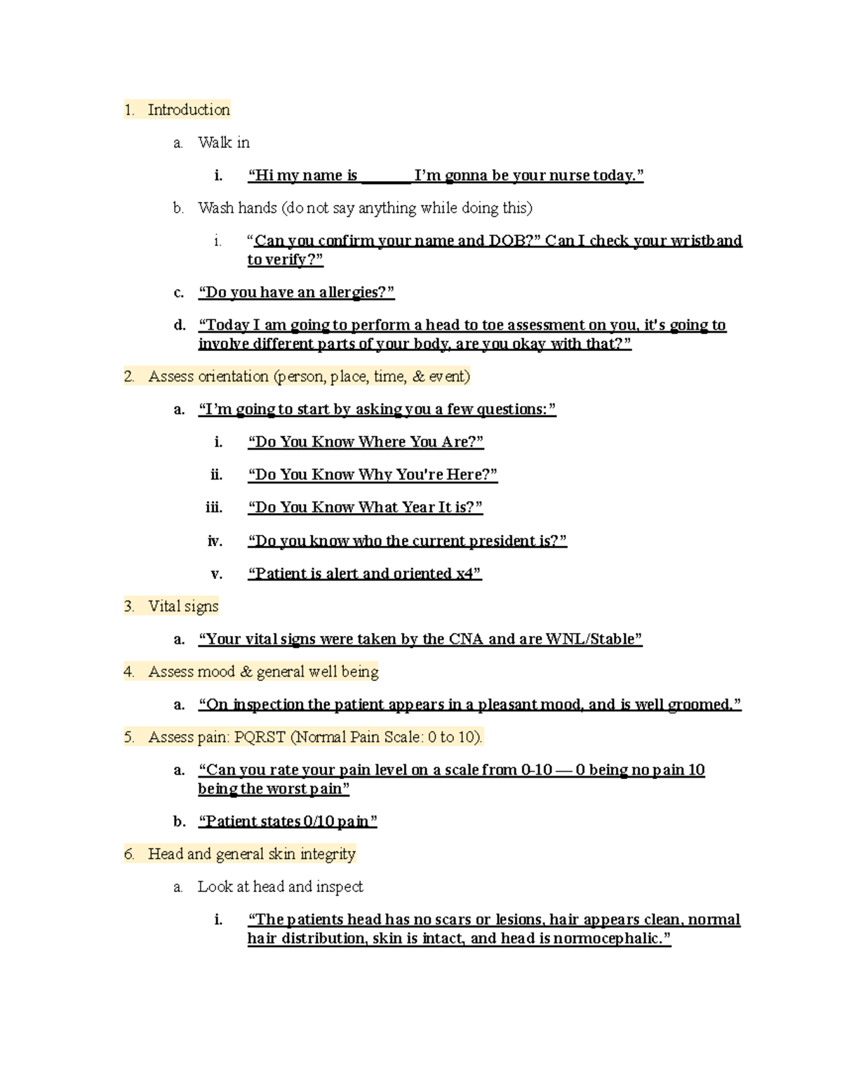 Head to toe PA script - Introduction a. Walk in i. “Hi my name is ...