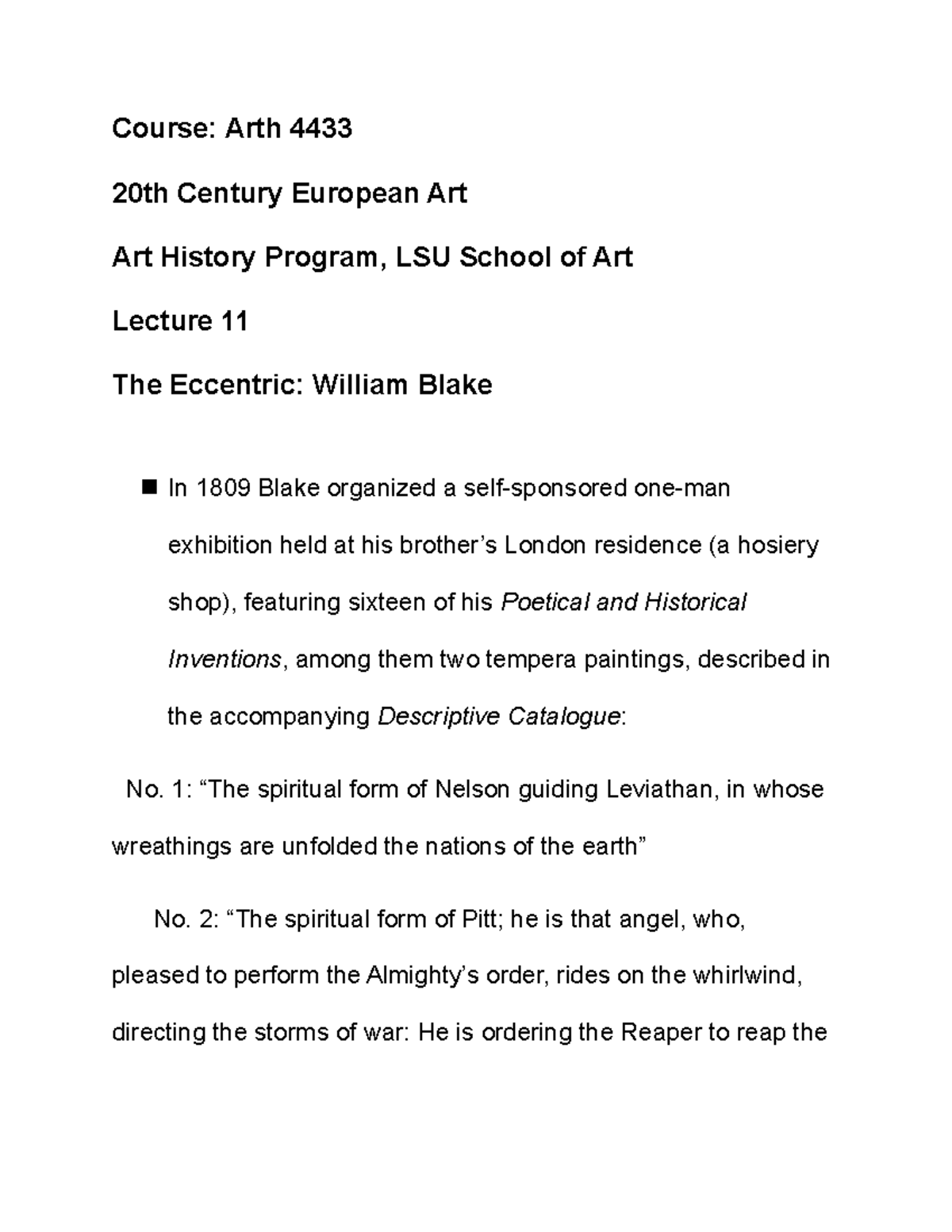 Blake - Lecture Notes written from ppt 18th art history - Course: Arth ...