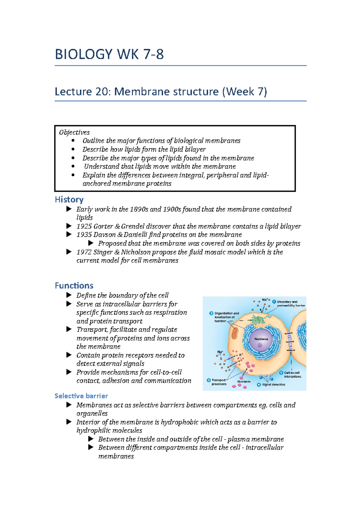 Biology WK 7-8 - Lecture Notes - BIOLOGY WK 7- Lecture 20: Membrane ...