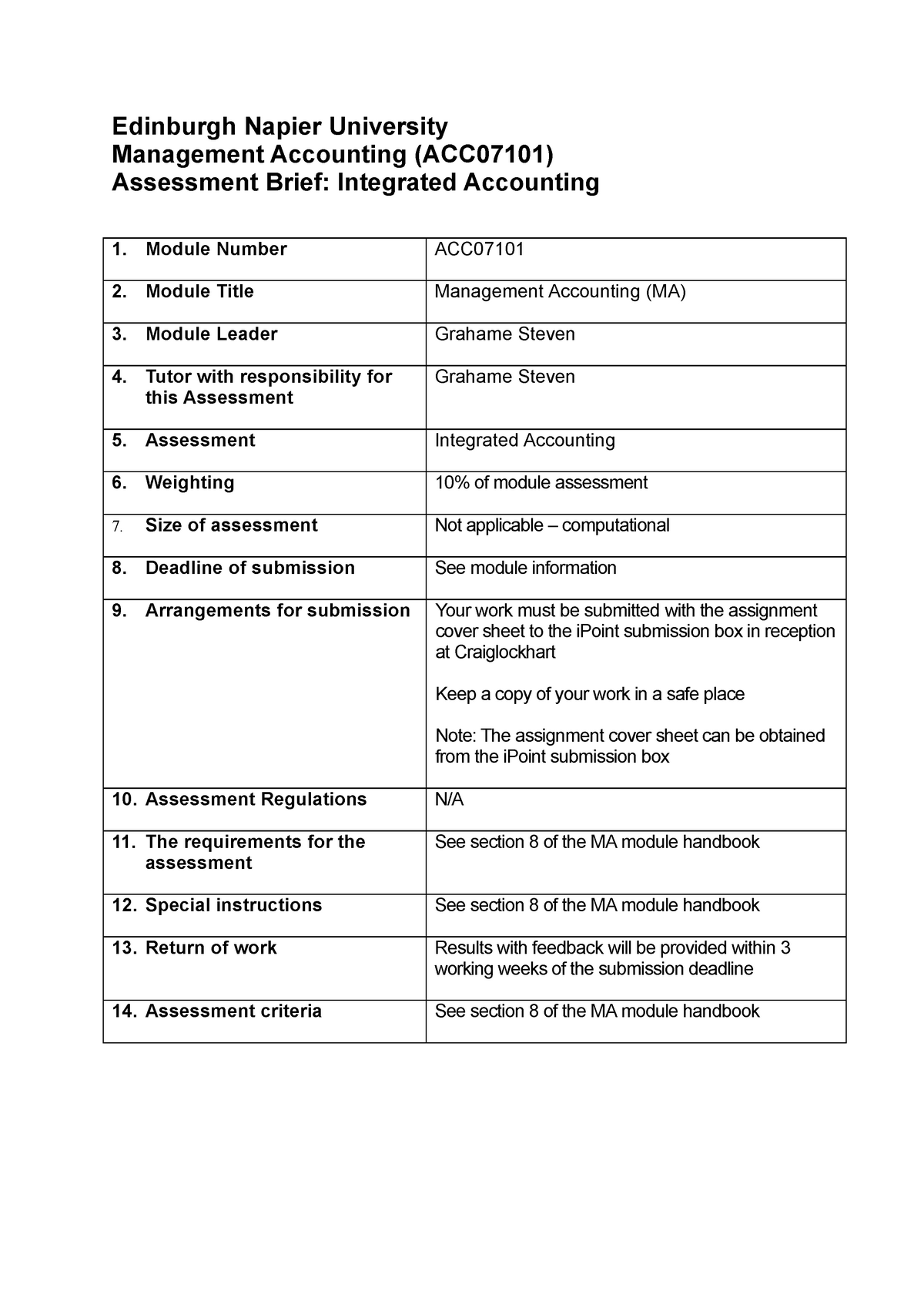 Assessment Brief Integrated Accounting Edinburgh Napier University