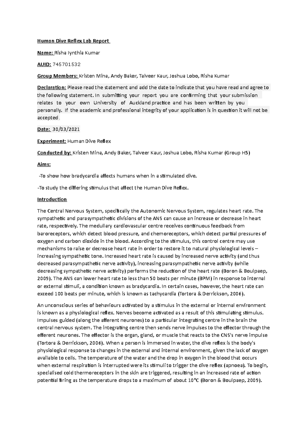 Human dive relfex lab rep Human Dive Reflex Lab Report Name Risha