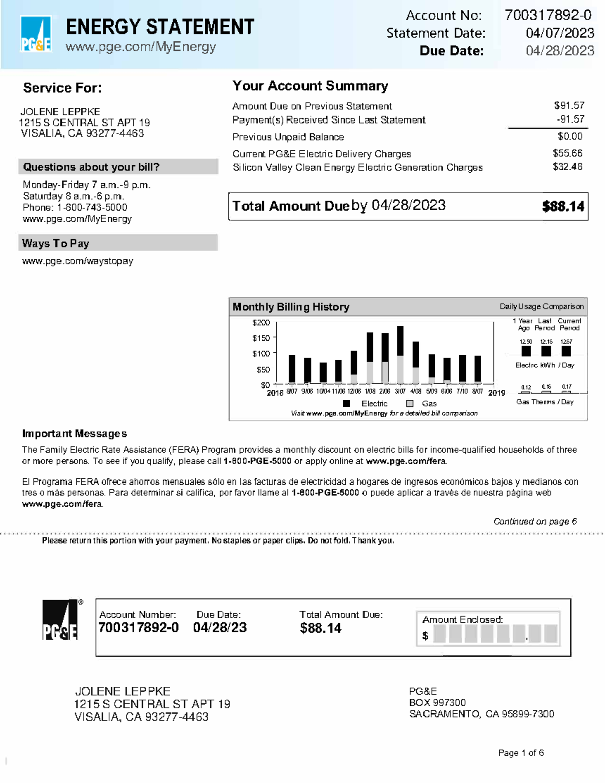 Utility Bill Template - PGE Energy Statement - ENERGY STATEMENT Account ...