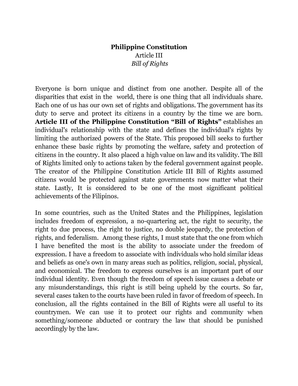 NSTP Essay - Philippine Constitution Article III Bill of Rights ...