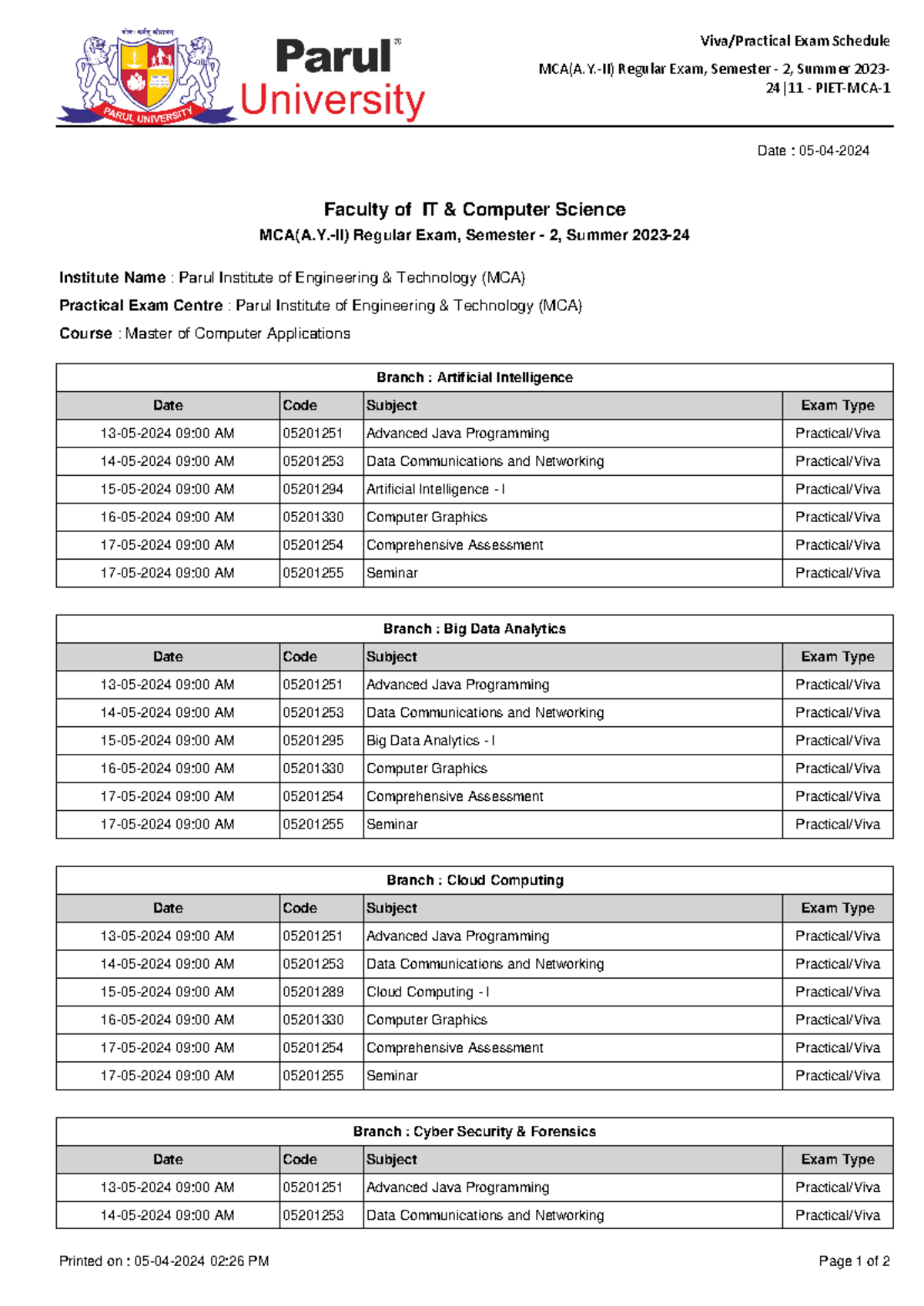 Viva Practical Exam Schedule MCA(A Y II) Regular Exam Semester 2 Summer ...