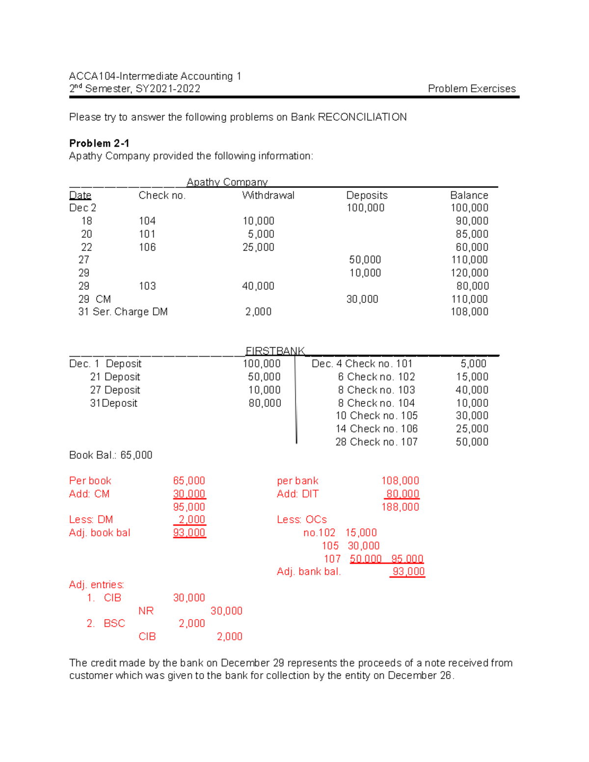 Bank Reconciliation Discussion Exercises KEY - ACCA104-Intermediate ...