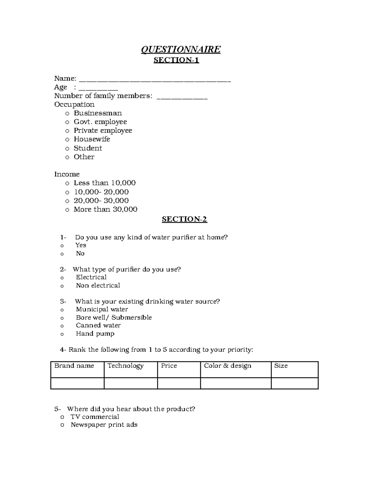 49379446 questionnair on water purifier QUESTIONNAIRE SECTION Name