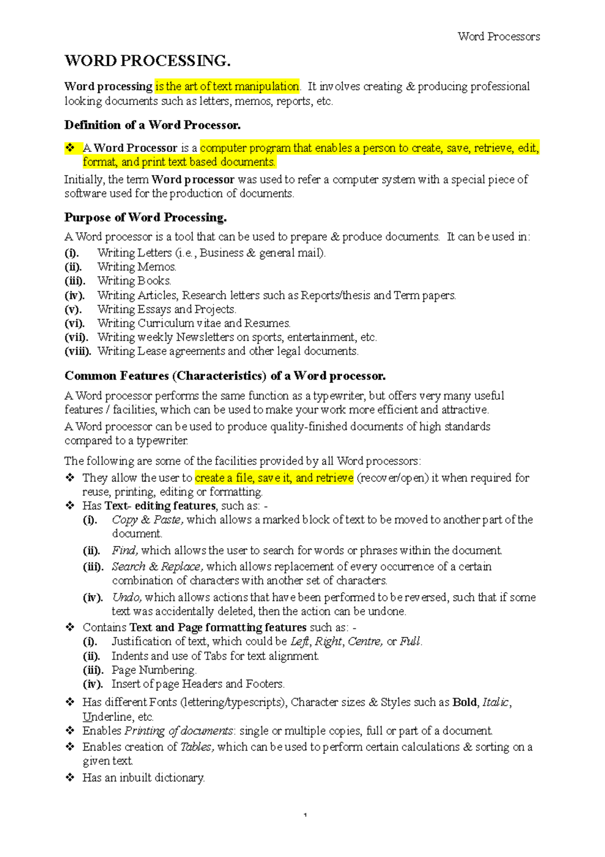 Introduction to Word Processing - WORD PROCESSING. Word processing is ...