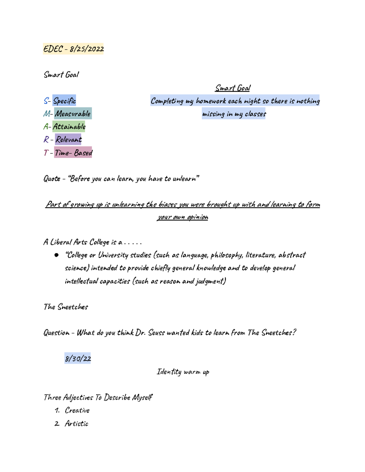 EDEC Notes part 1 - ED - 8/25/ Sma Gol Sma Gol S- Spefi Comt m hor ec ...