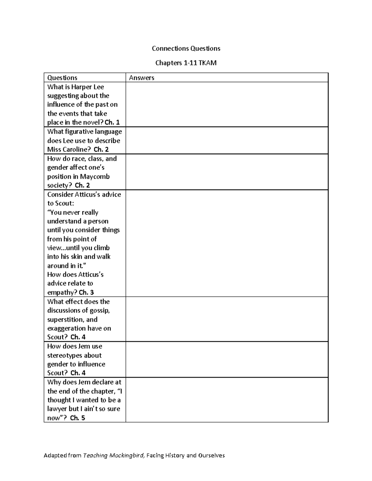 TKAM Connection Questions PDF - Connections Questions Chapters 1-11 ...